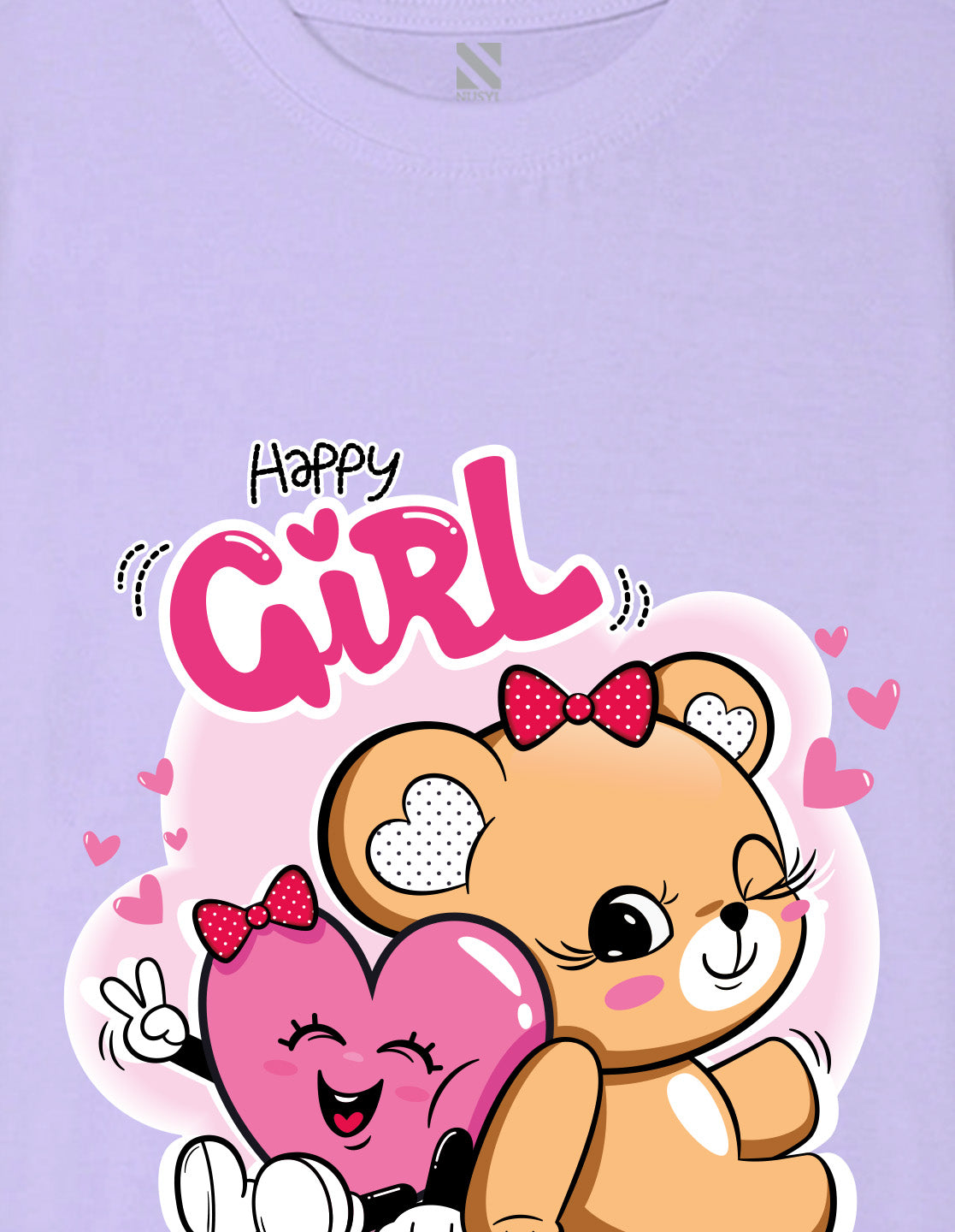 Nusyl Girl's Lilac Cute Teddy Bear & Text Printed Regular Fit T-Shirt