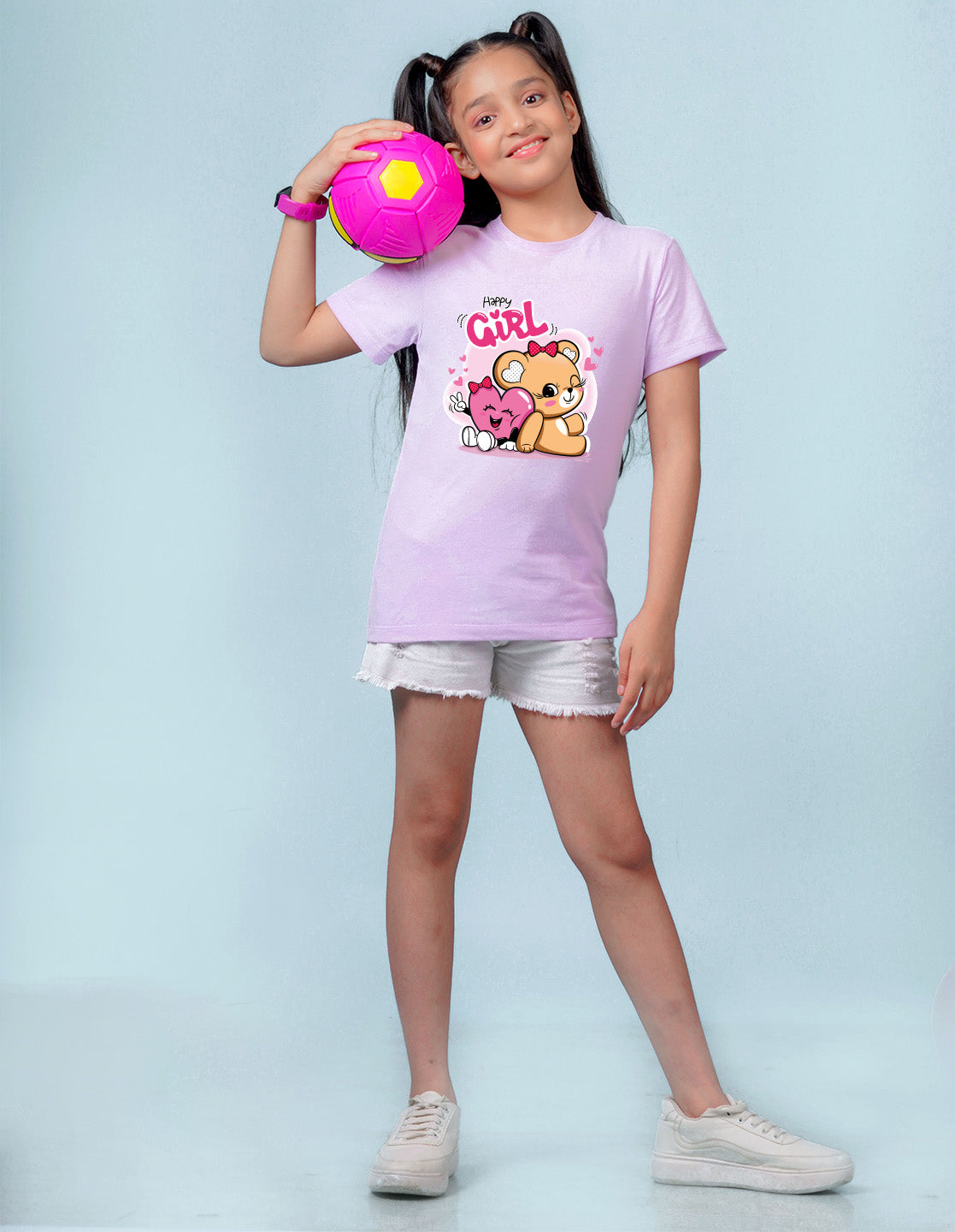 Nusyl Girl's Lilac Cute Teddy Bear & Text Printed Regular Fit T-Shirt