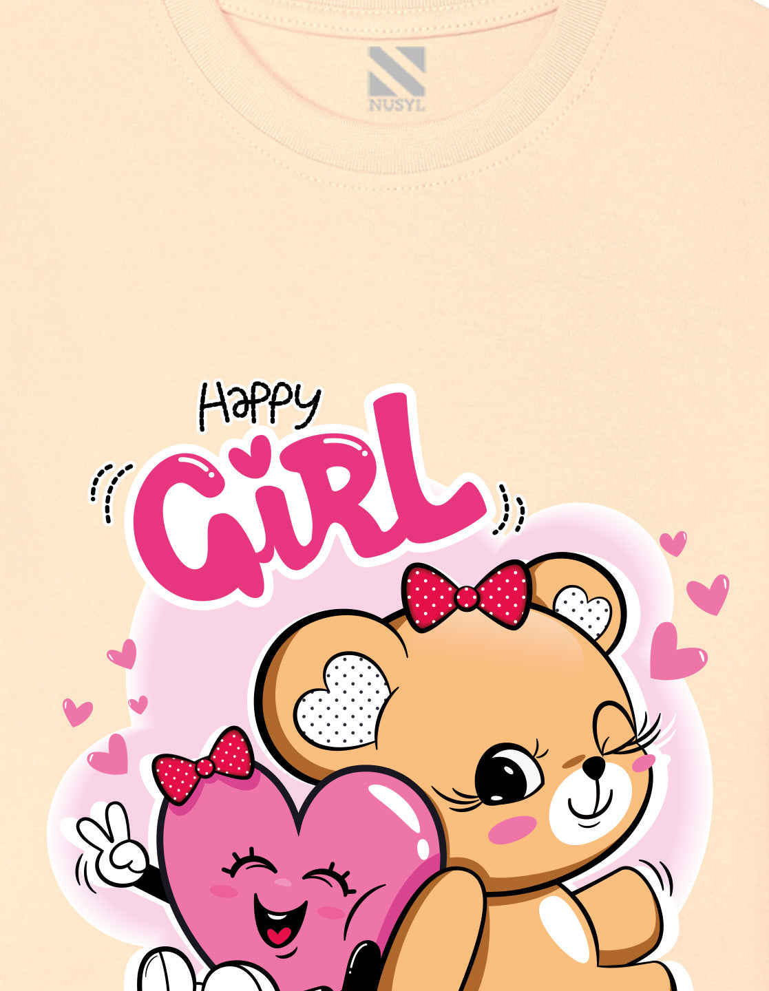 Nusyl Girl's Beige Cute Teddy Bear & Text Printed Regular Fit T-Shirt