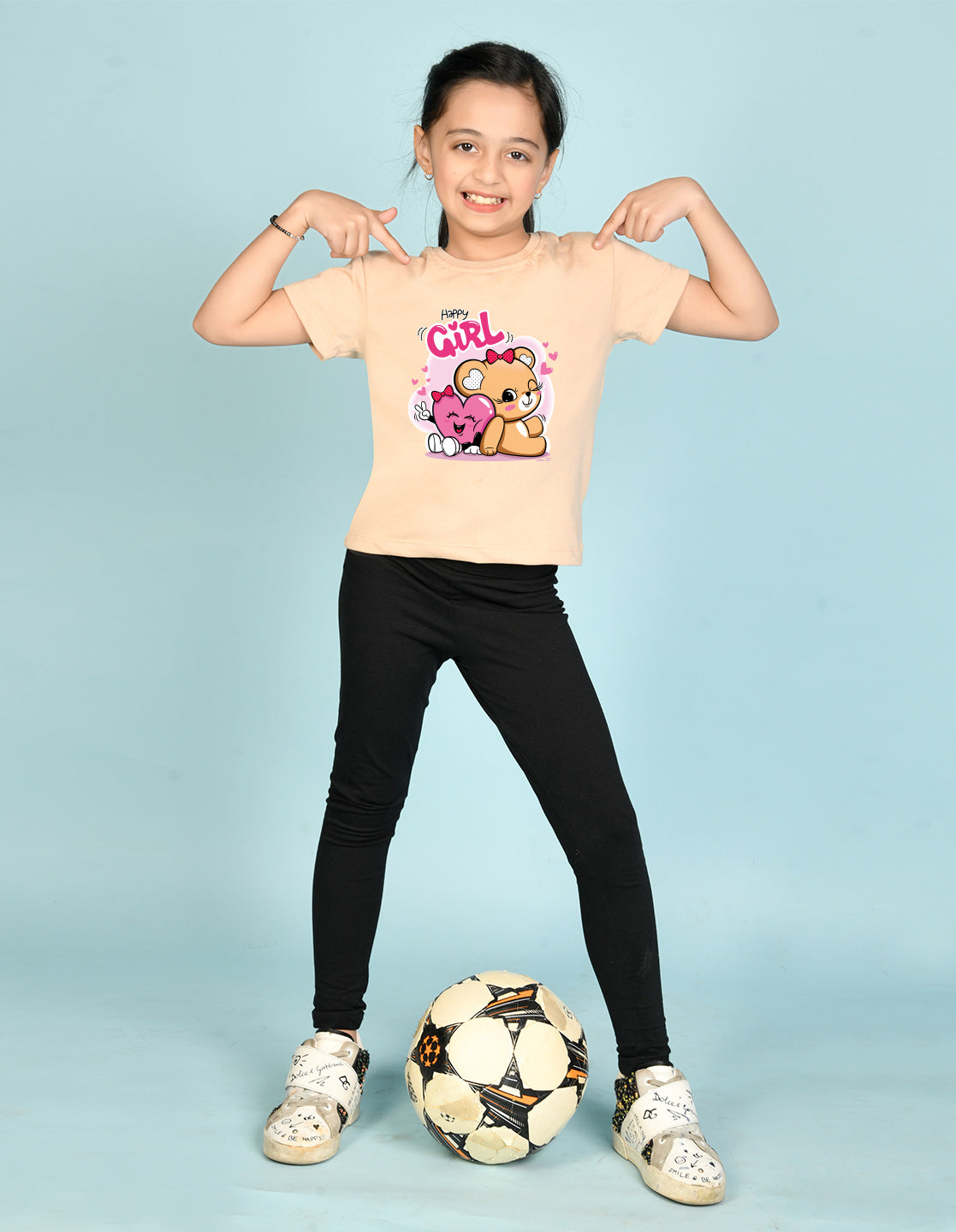 Nusyl Girl's Beige Cute Teddy Bear & Text Printed Regular Fit T-Shirt
