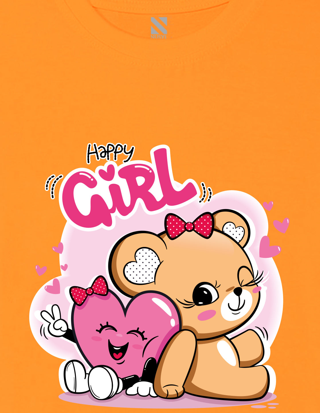 Nusyl Girl's Orange Cute Teddy Bear & Text Printed Regular Fit T-Shirt