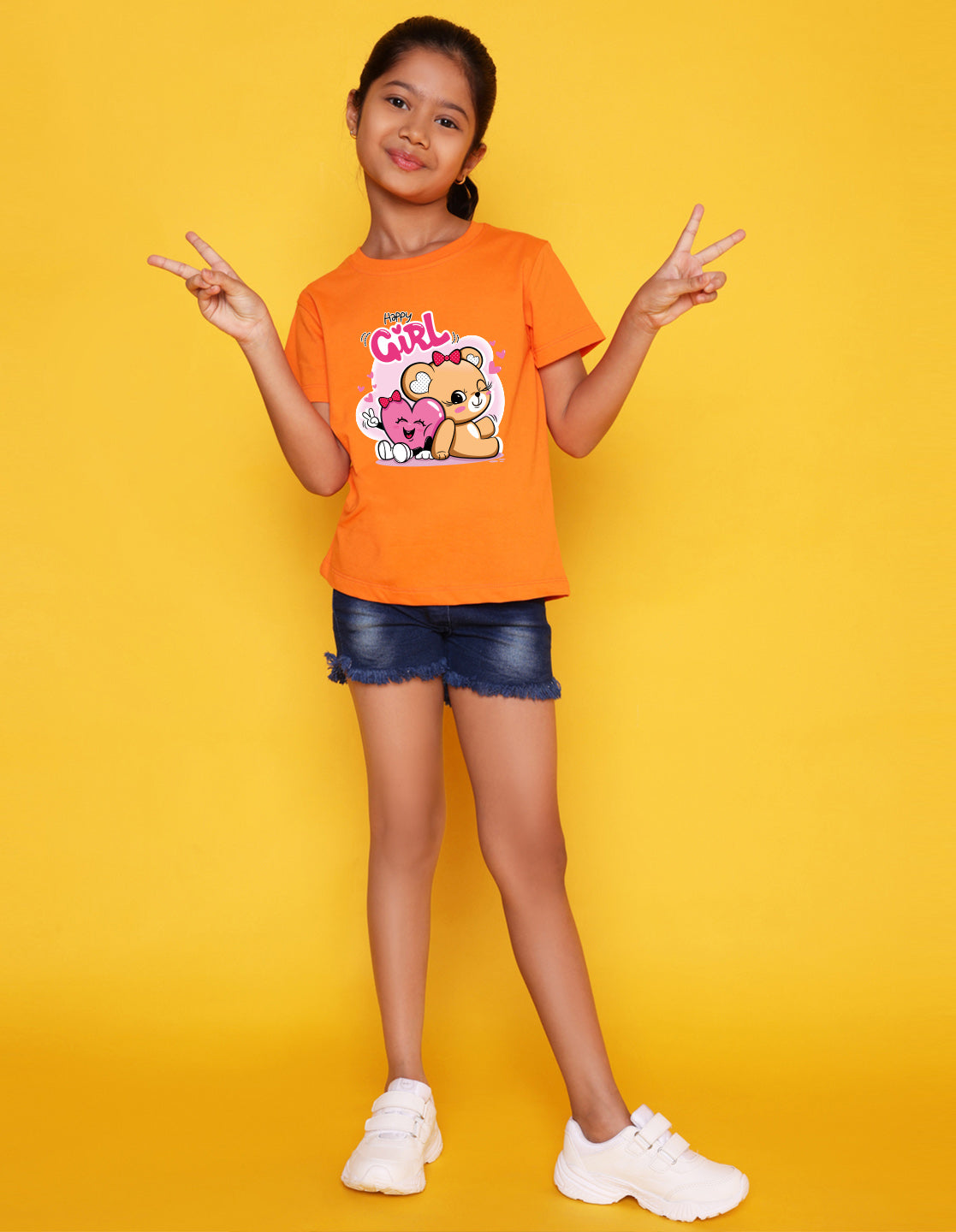 Nusyl Girl's Orange Cute Teddy Bear & Text Printed Regular Fit T-Shirt