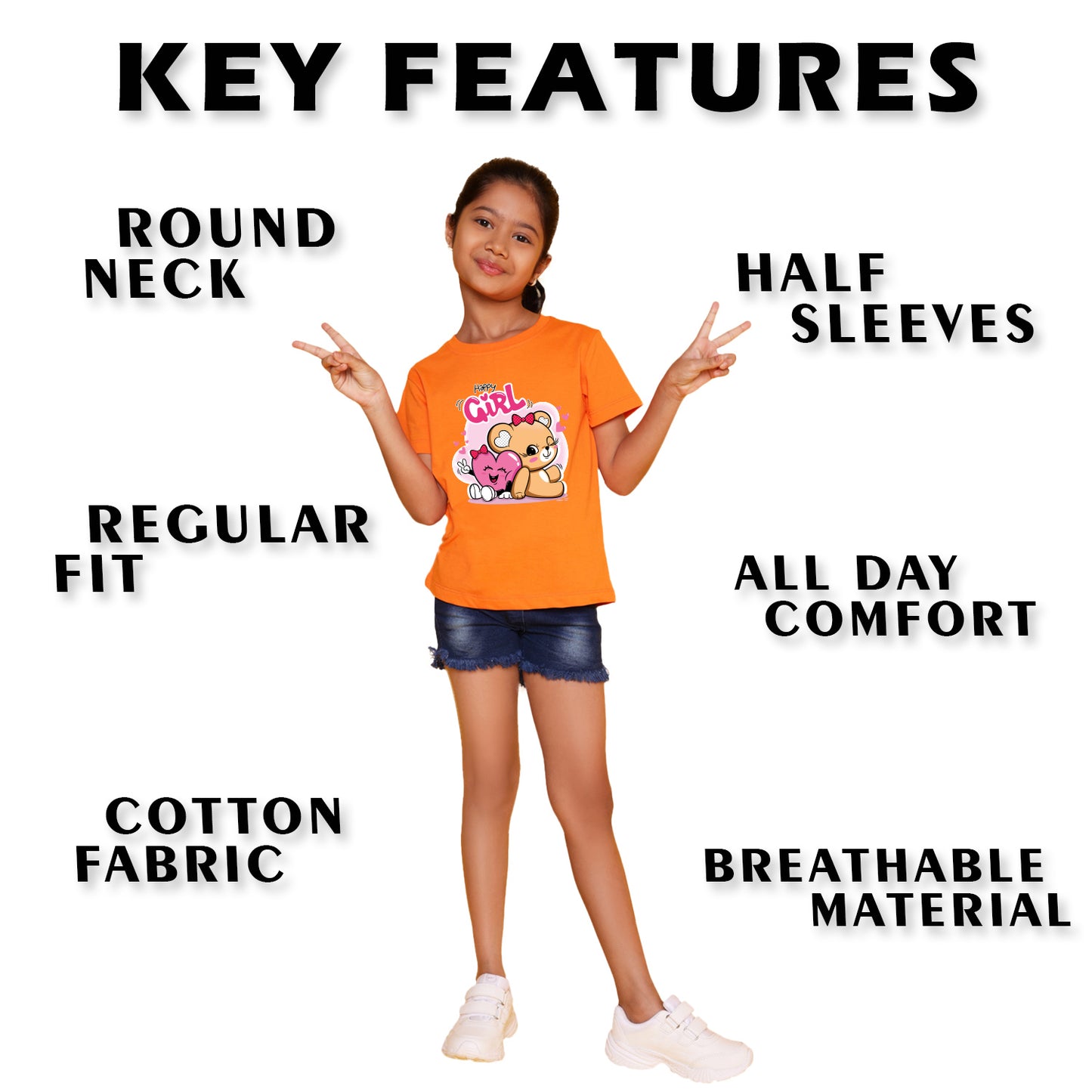 Nusyl Girl's Orange Cute Teddy Bear & Text Printed Regular Fit T-Shirt