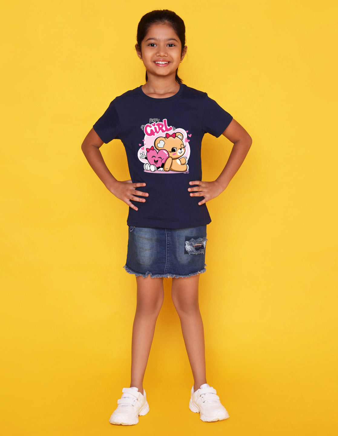 Nusyl Girl's Navy Blue Cute Teddy Bear & Text Printed Regular Fit T-Shirt