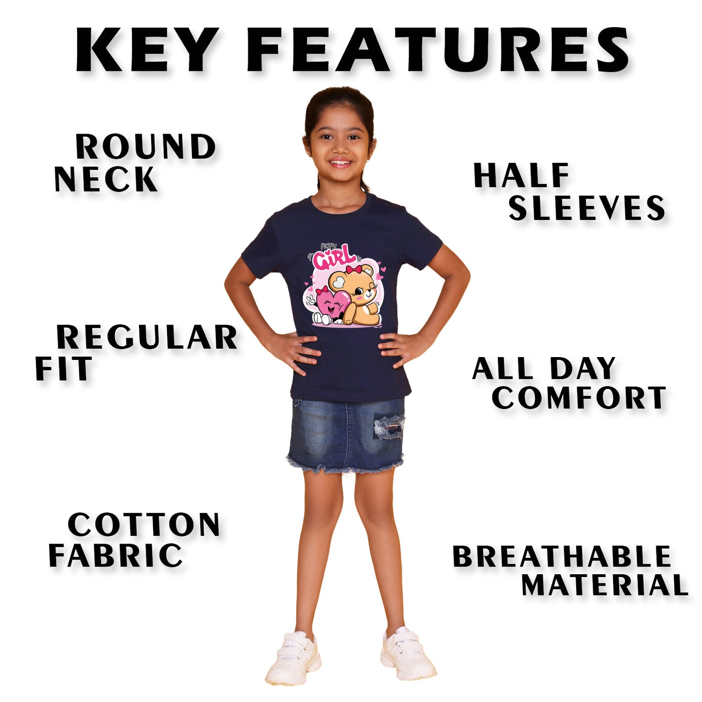 Nusyl Girl's Navy Blue Cute Teddy Bear & Text Printed Regular Fit T-Shirt
