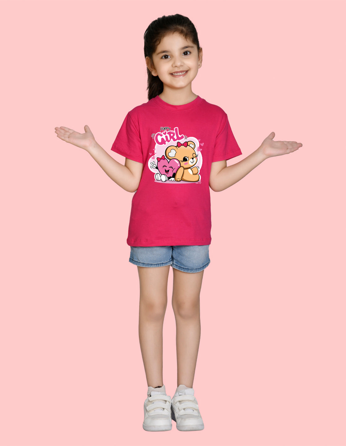 Nusyl Girl's Hot Pink Cute Teddy Bear & Text Printed Regular Fit T-Shirt