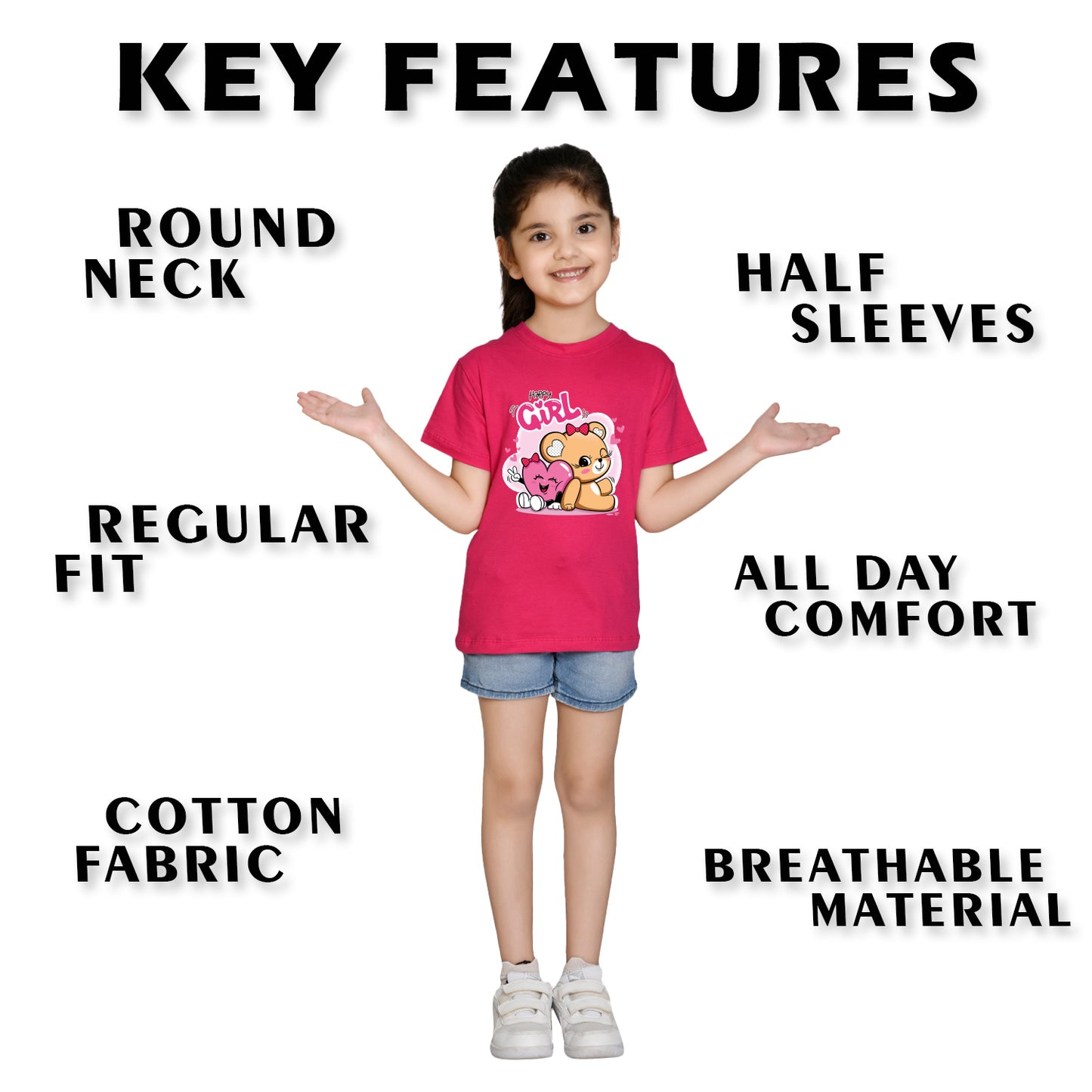 Nusyl Girl's Hot Pink Cute Teddy Bear & Text Printed Regular Fit T-Shirt
