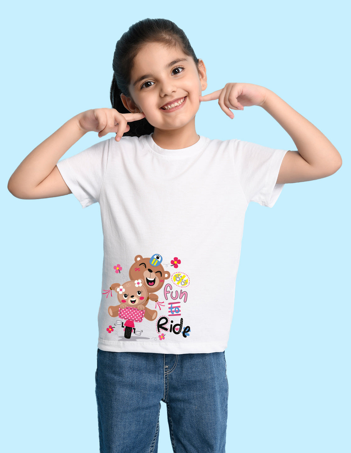Nusyl Girl's White Cute Bears & Text Printed Regular Fit T-Shirt