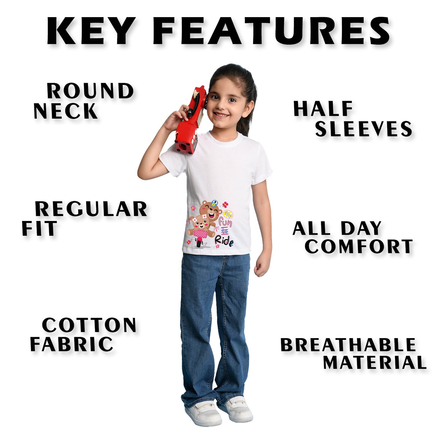 Nusyl Girl's White Cute Bears & Text Printed Regular Fit T-Shirt