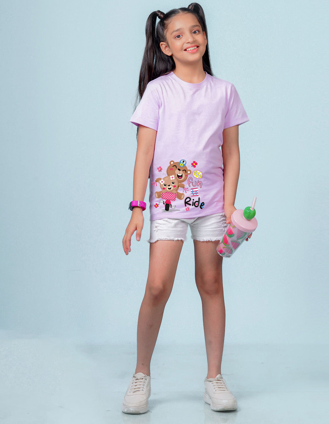 Nusyl Girl's Lilac Cute Bears & Text Printed Regular Fit T-Shirt