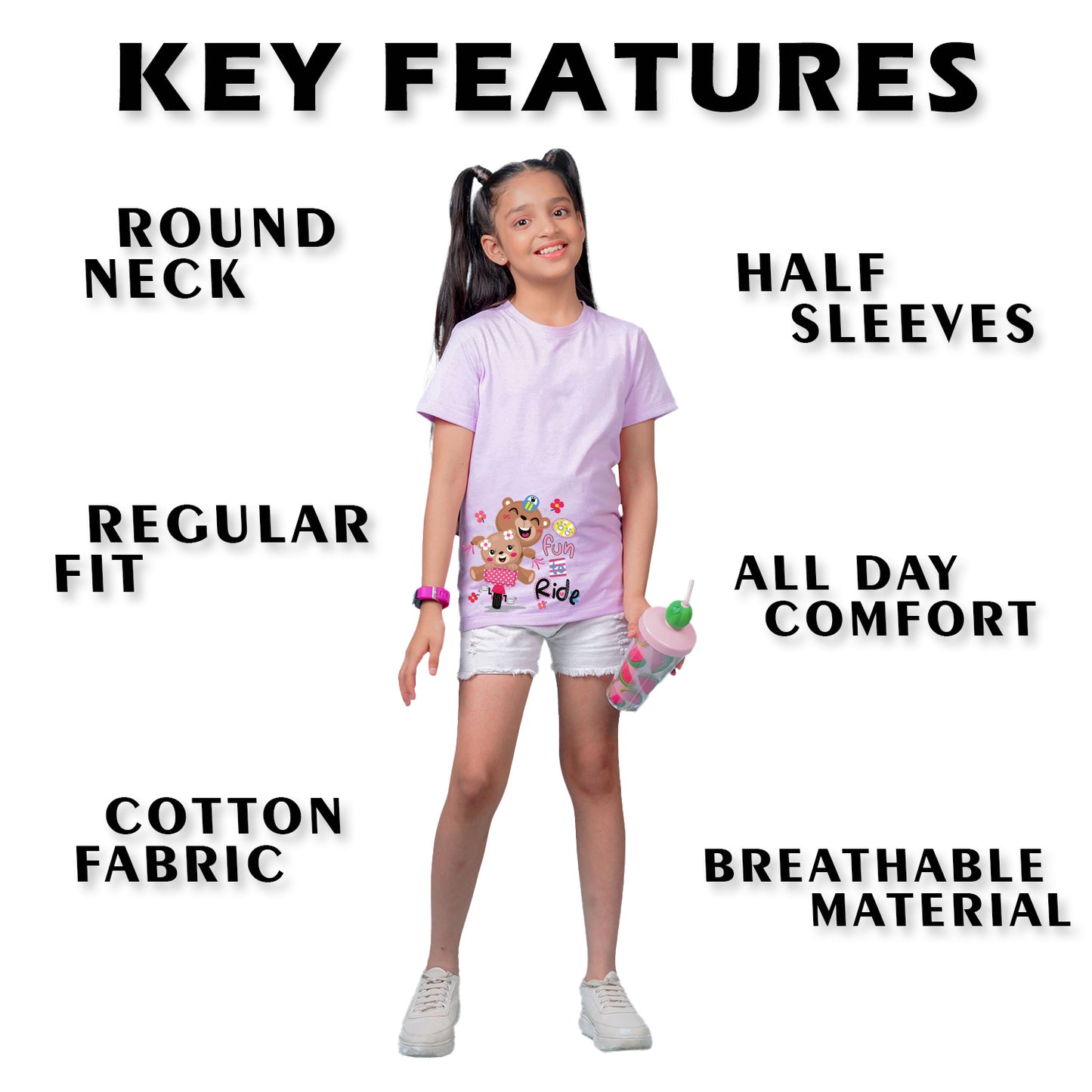 Nusyl Girl's Lilac Cute Bears & Text Printed Regular Fit T-Shirt