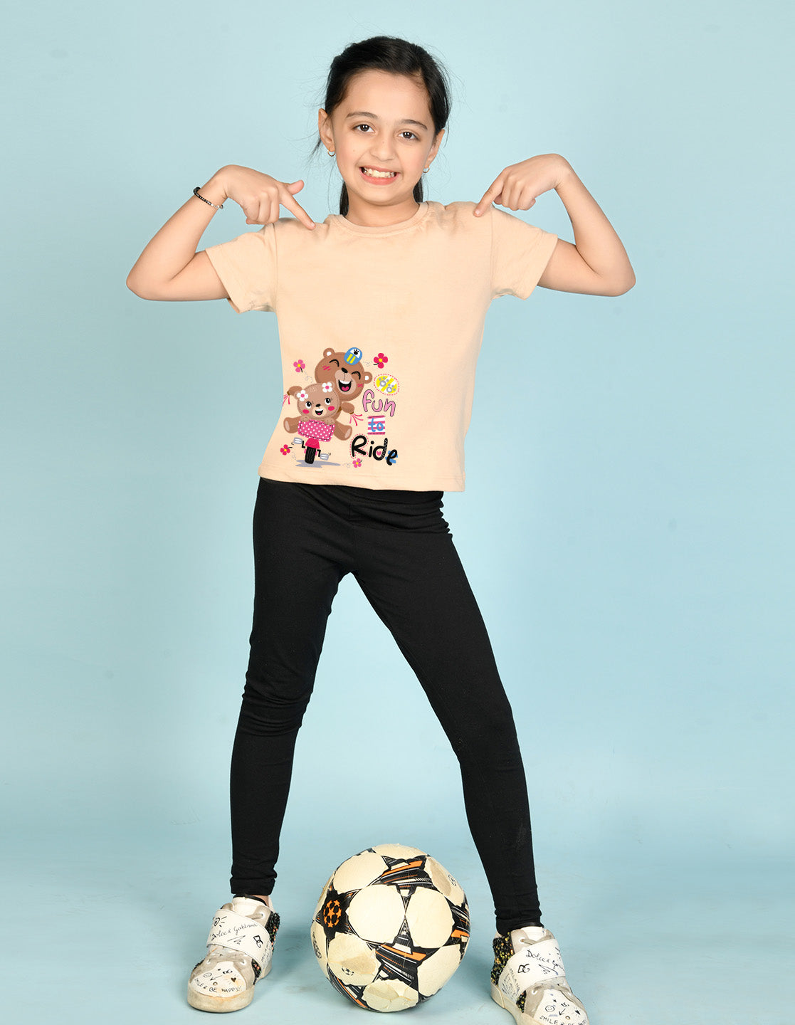Nusyl Girl's Beige Cute Bears & Text Printed Regular Fit T-Shirt