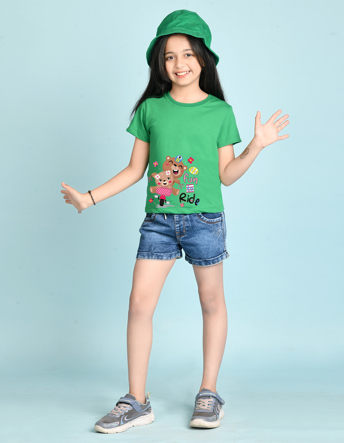 Nusyl Girl's Green Cute Bears & Text Printed Regular Fit T-Shirt
