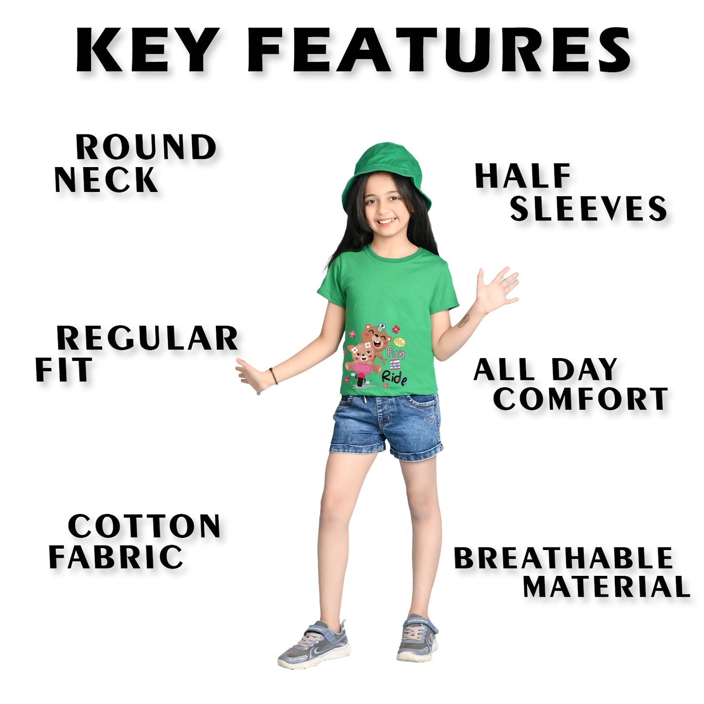 Nusyl Girl's Green Cute Bears & Text Printed Regular Fit T-Shirt