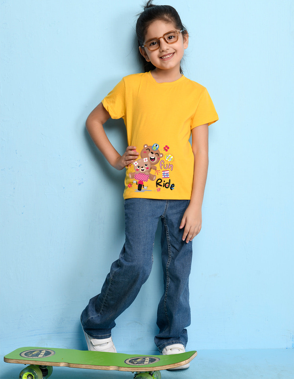 Nusyl Girl's Yellow Cute Bears & Text Printed Regular Fit T-Shirt