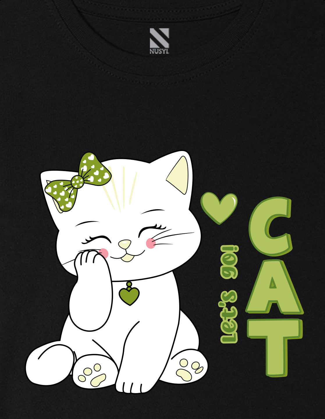 Nusyl Girl's Black Cute cat & Text Printed Regular Fit T-Shirt