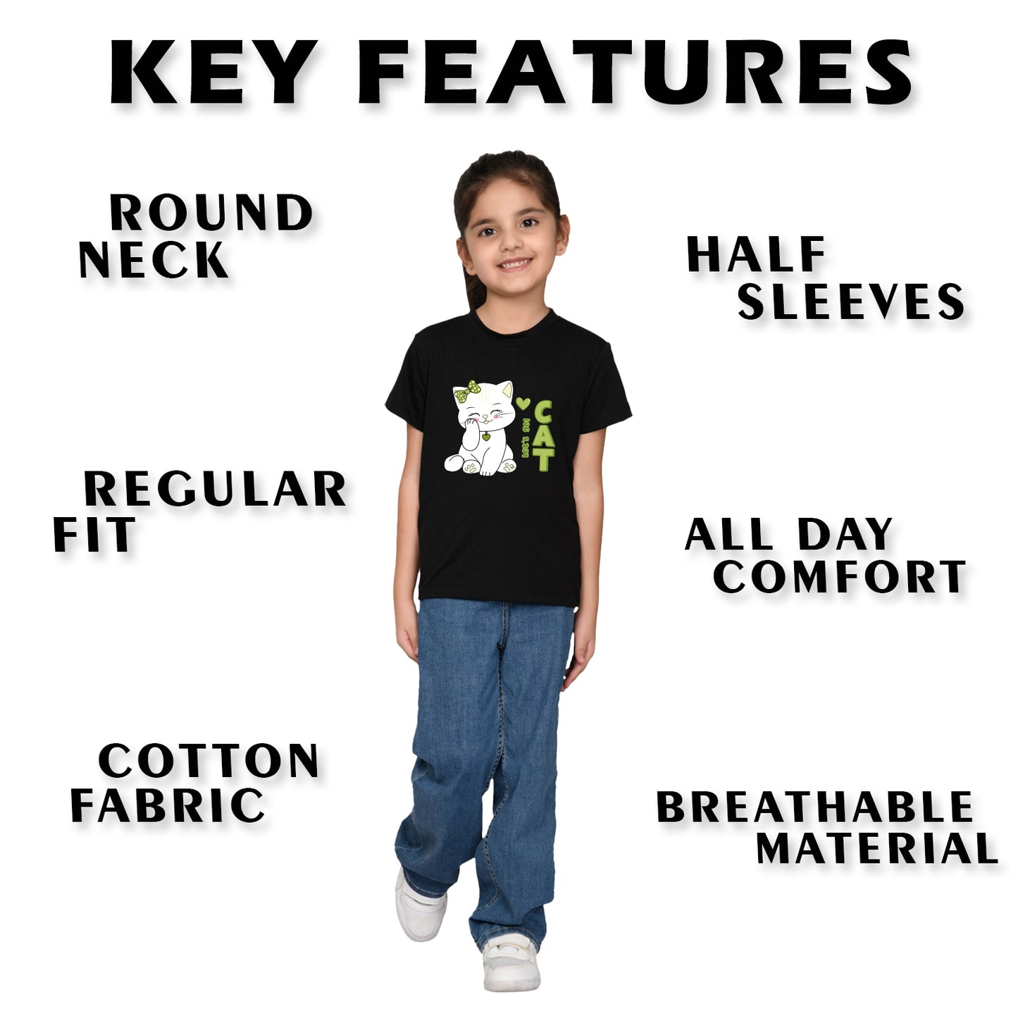 Nusyl Girl's Black Cute cat & Text Printed Regular Fit T-Shirt
