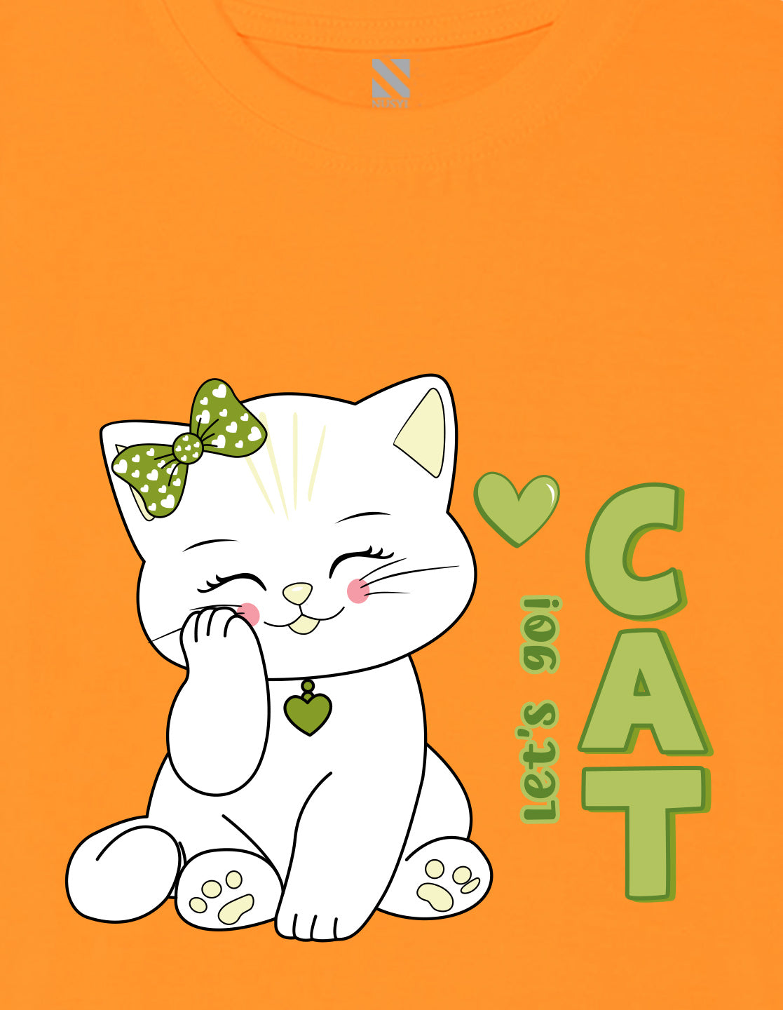 Nusyl Girl's Orange Cute cat & Text Printed Regular Fit T-Shirt