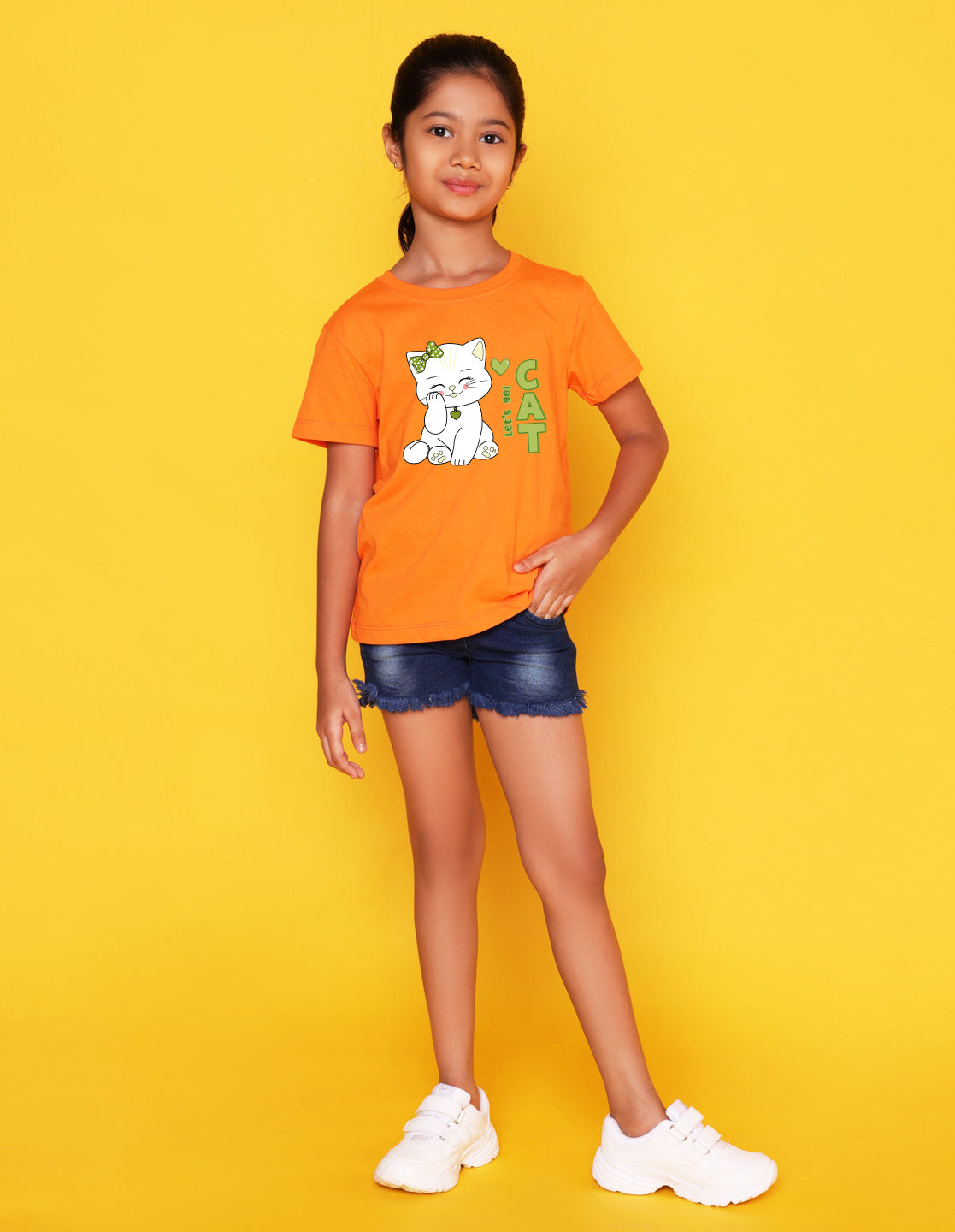 Nusyl Girl's Orange Cute cat & Text Printed Regular Fit T-Shirt