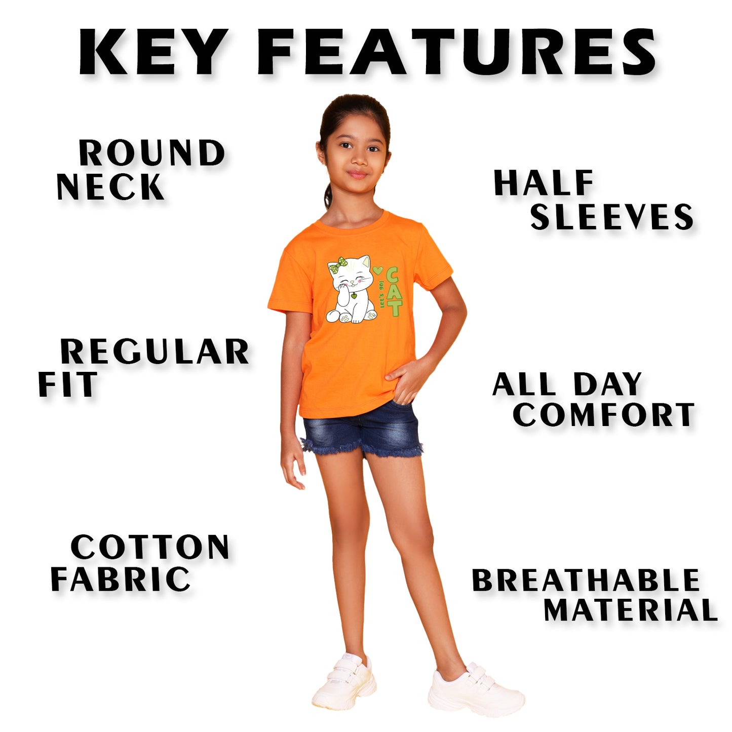 Nusyl Girl's Orange Cute cat & Text Printed Regular Fit T-Shirt