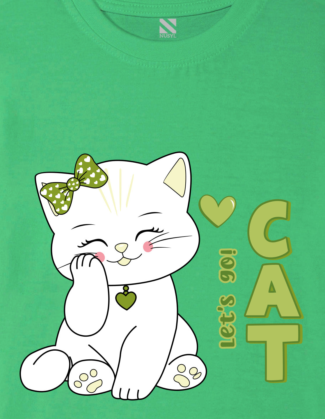 Nusyl Girl's Green Cute cat & Text Printed Regular Fit T-Shirt