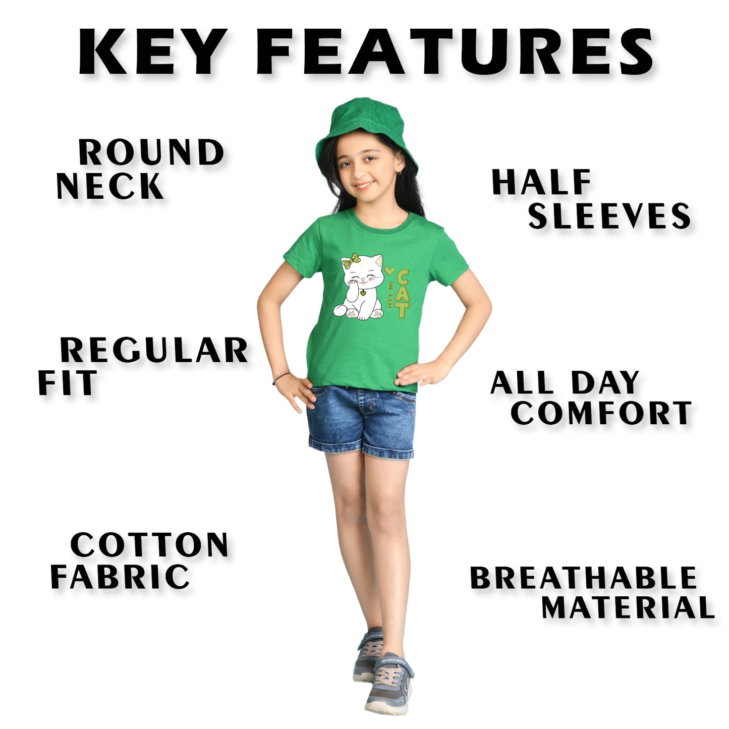 Nusyl Girl's Green Cute cat & Text Printed Regular Fit T-Shirt