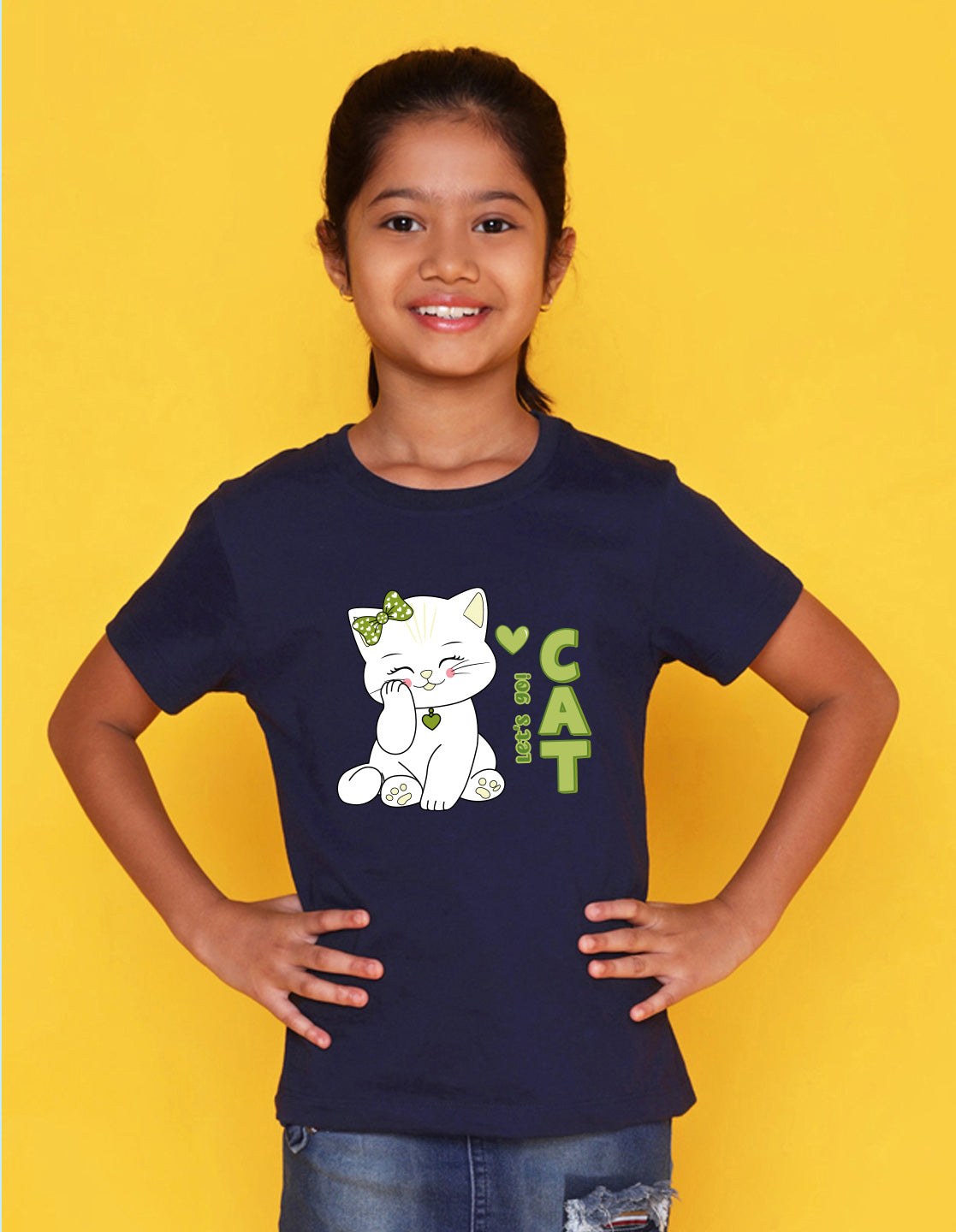 Nusyl Girl's Navy Blue Cute cat & Text Printed Regular Fit T-Shirt