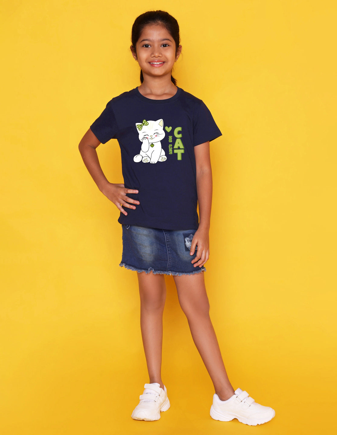 Nusyl Girl's Navy Blue Cute cat & Text Printed Regular Fit T-Shirt