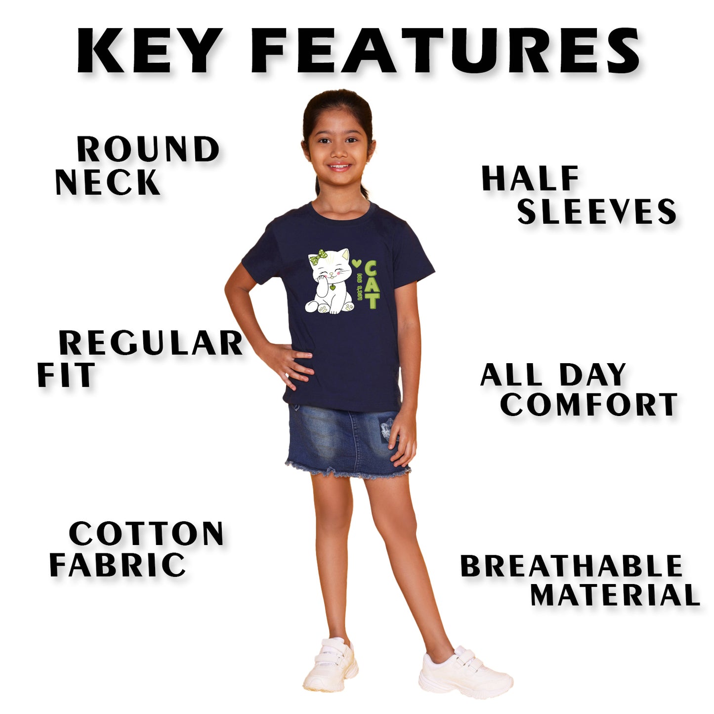Nusyl Girl's Navy Blue Cute cat & Text Printed Regular Fit T-Shirt