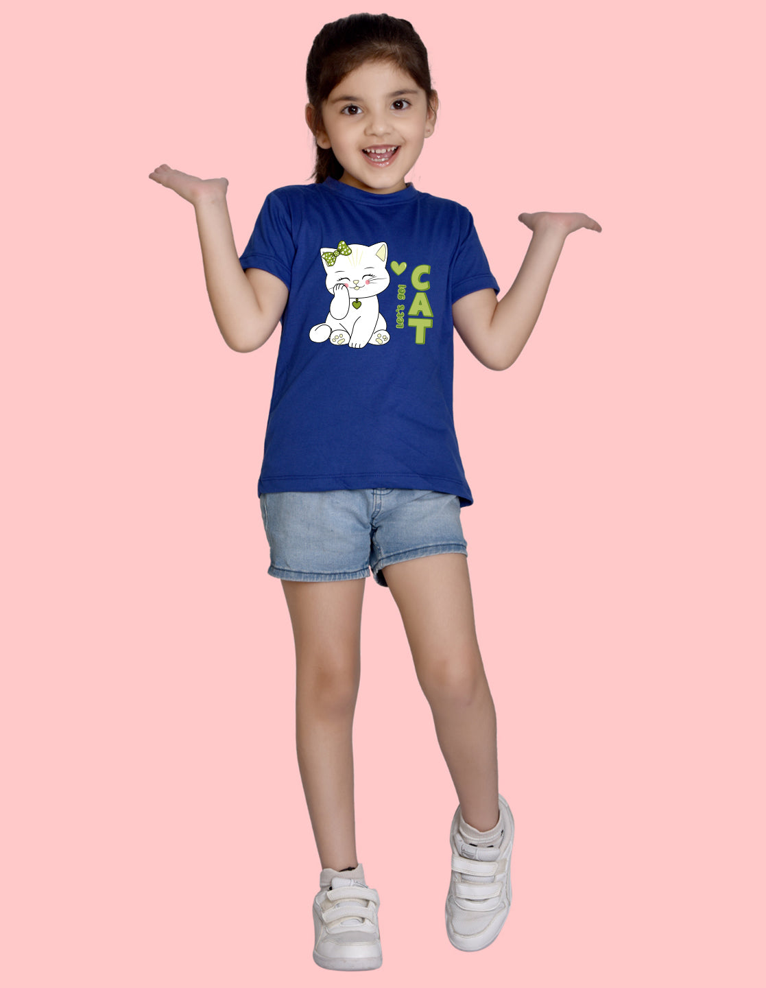 Nusyl Girl's Royal Blue Cute cat & Text Printed Regular Fit T-Shirt