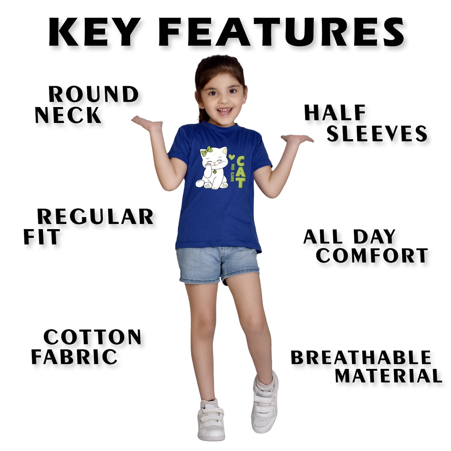 Nusyl Girl's Royal Blue Cute cat & Text Printed Regular Fit T-Shirt