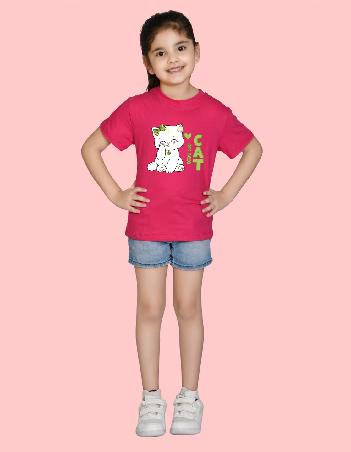 Nusyl Girl's Hot Pink Cute cat & Text Printed Regular Fit T-Shirt