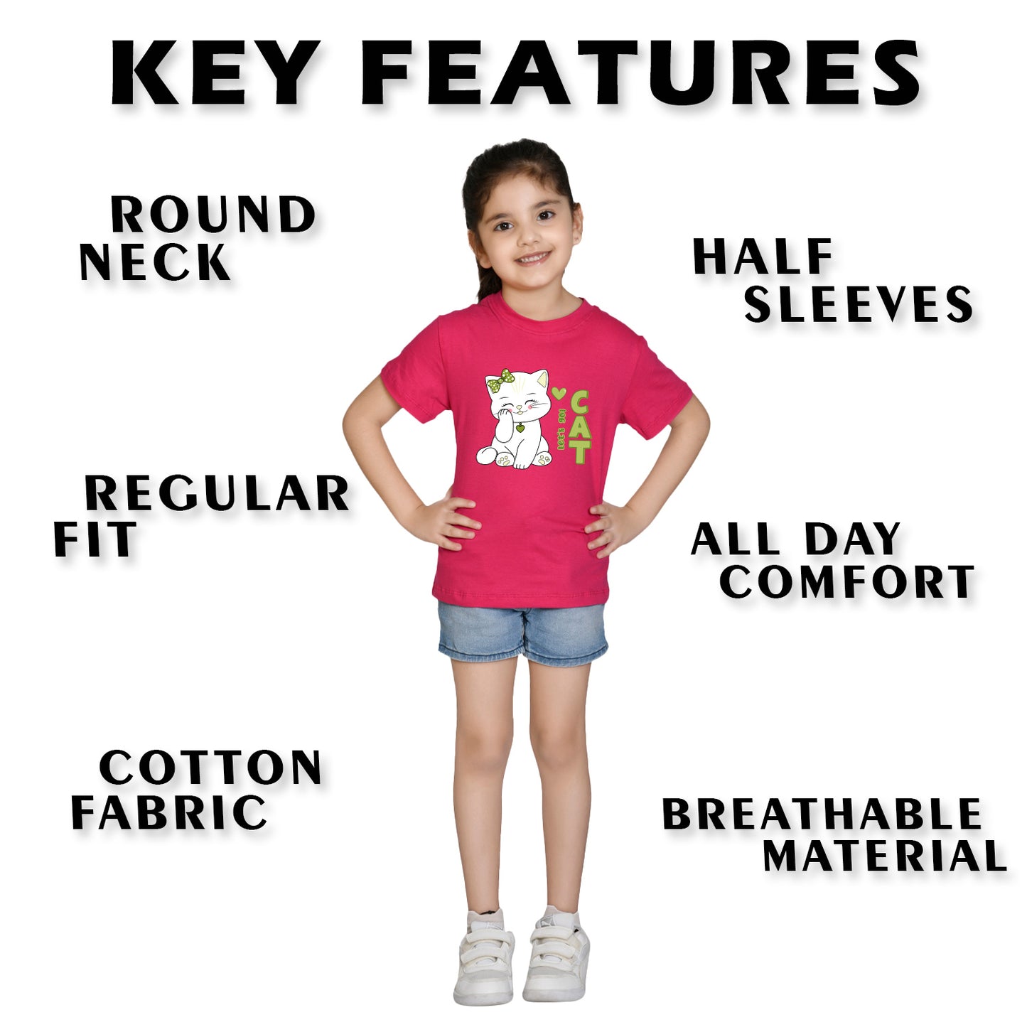Nusyl Girl's Hot Pink Cute cat & Text Printed Regular Fit T-Shirt