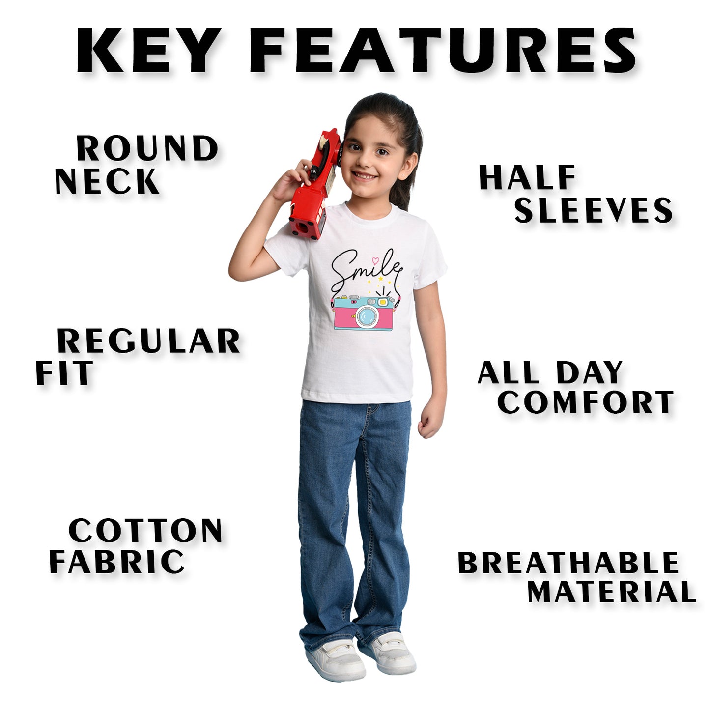 Nusyl Girl's White Smile Text Printed Regular Fit T-Shirt