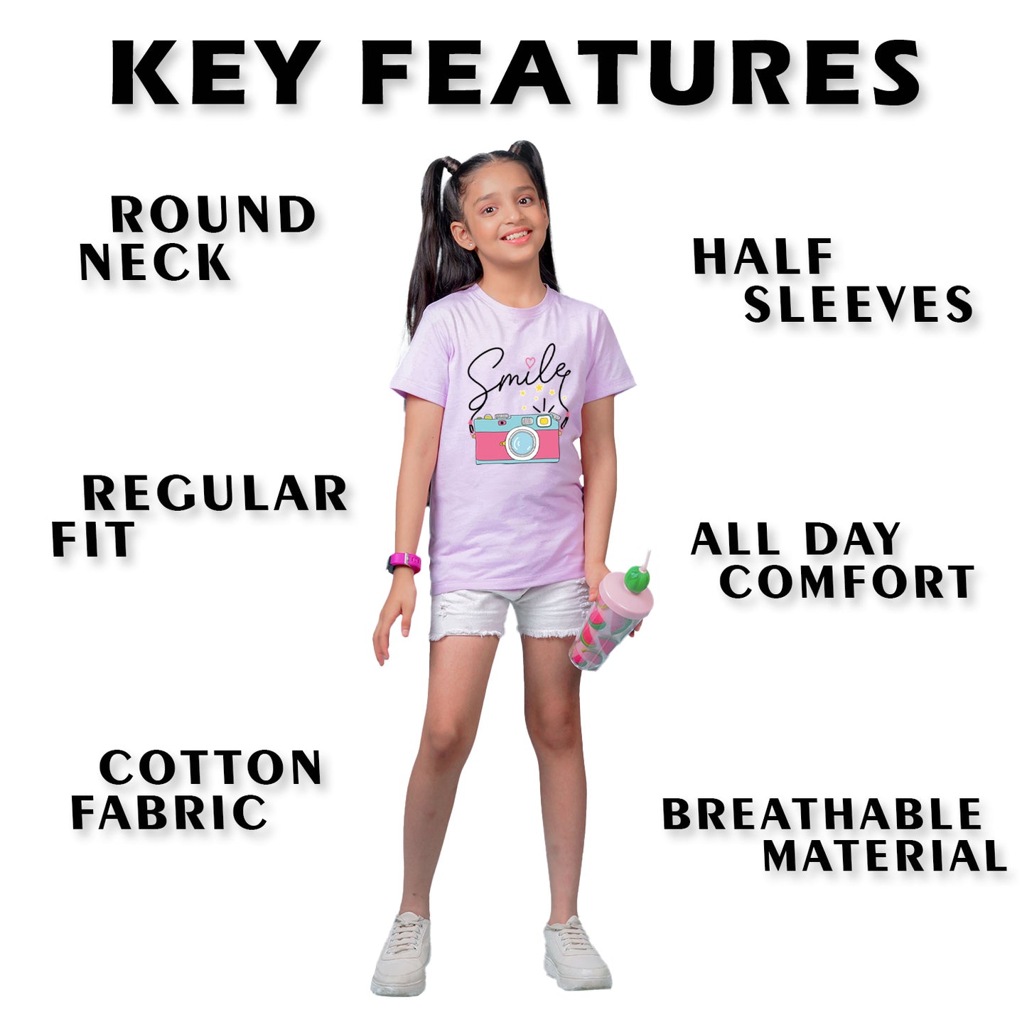 Nusyl Girl's Lilac Smile Text Printed Regular Fit T-Shirt