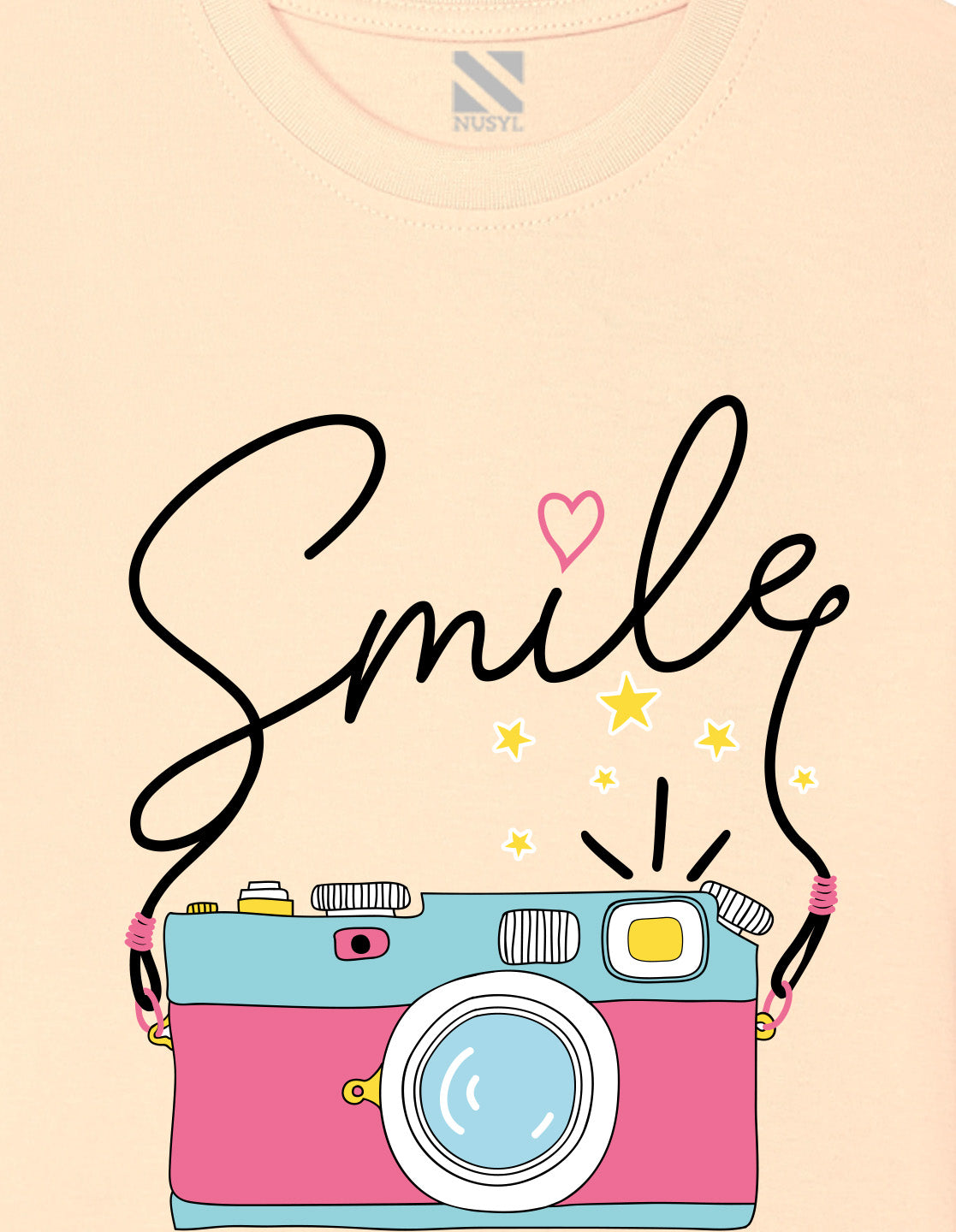 Nusyl Girl's Beige Smile Text Printed Regular Fit T-Shirt