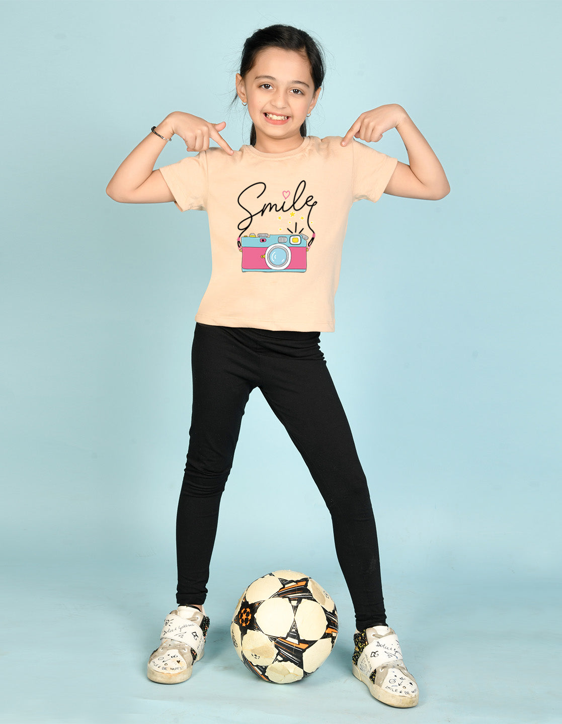 Nusyl Girl's Beige Smile Text Printed Regular Fit T-Shirt