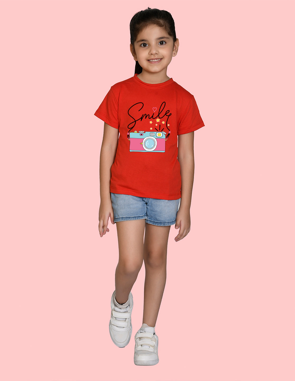 Nusyl Girl's Red Smile Text Printed Regular Fit T-Shirt