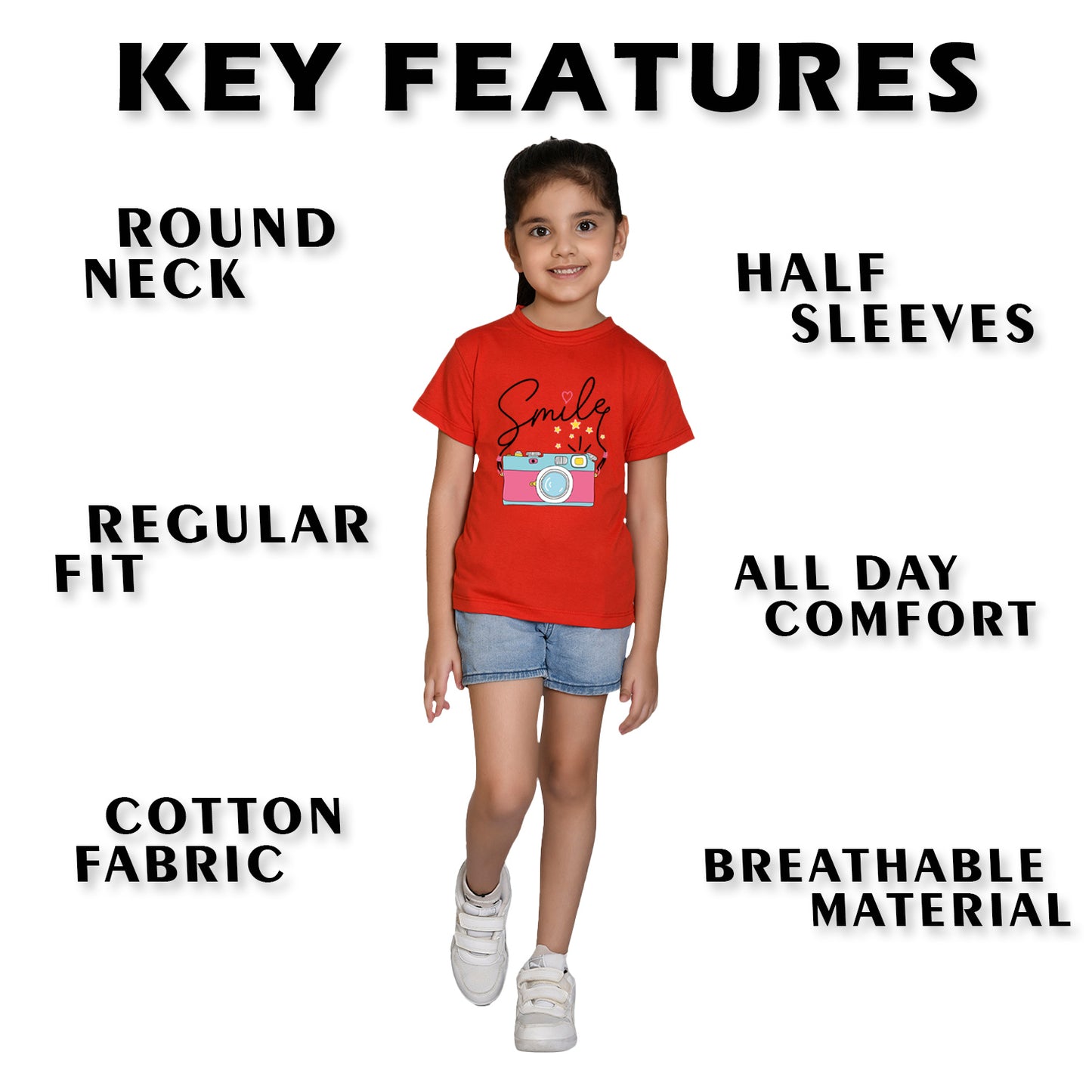 Nusyl Girl's Red Smile Text Printed Regular Fit T-Shirt