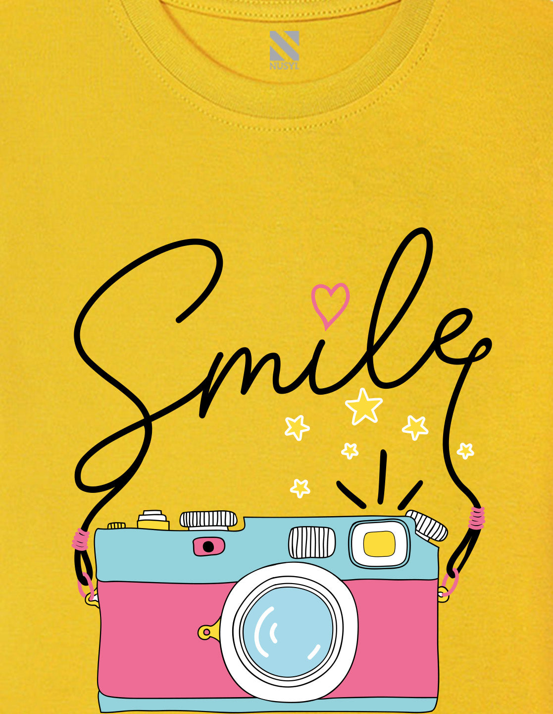 Nusyl Girl's Yellow Smile Text Printed Regular Fit T-Shirt