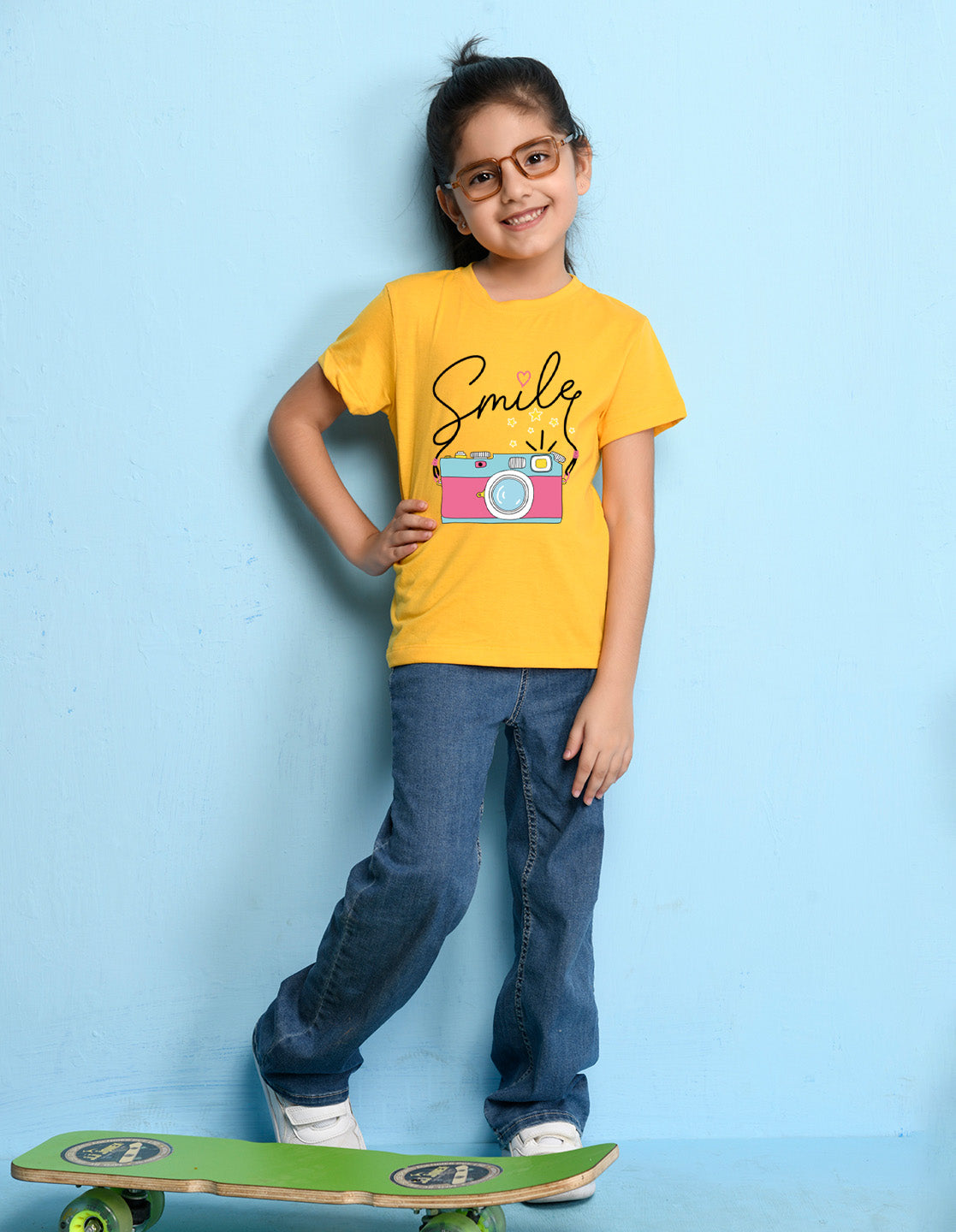 Nusyl Girl's Yellow Smile Text Printed Regular Fit T-Shirt