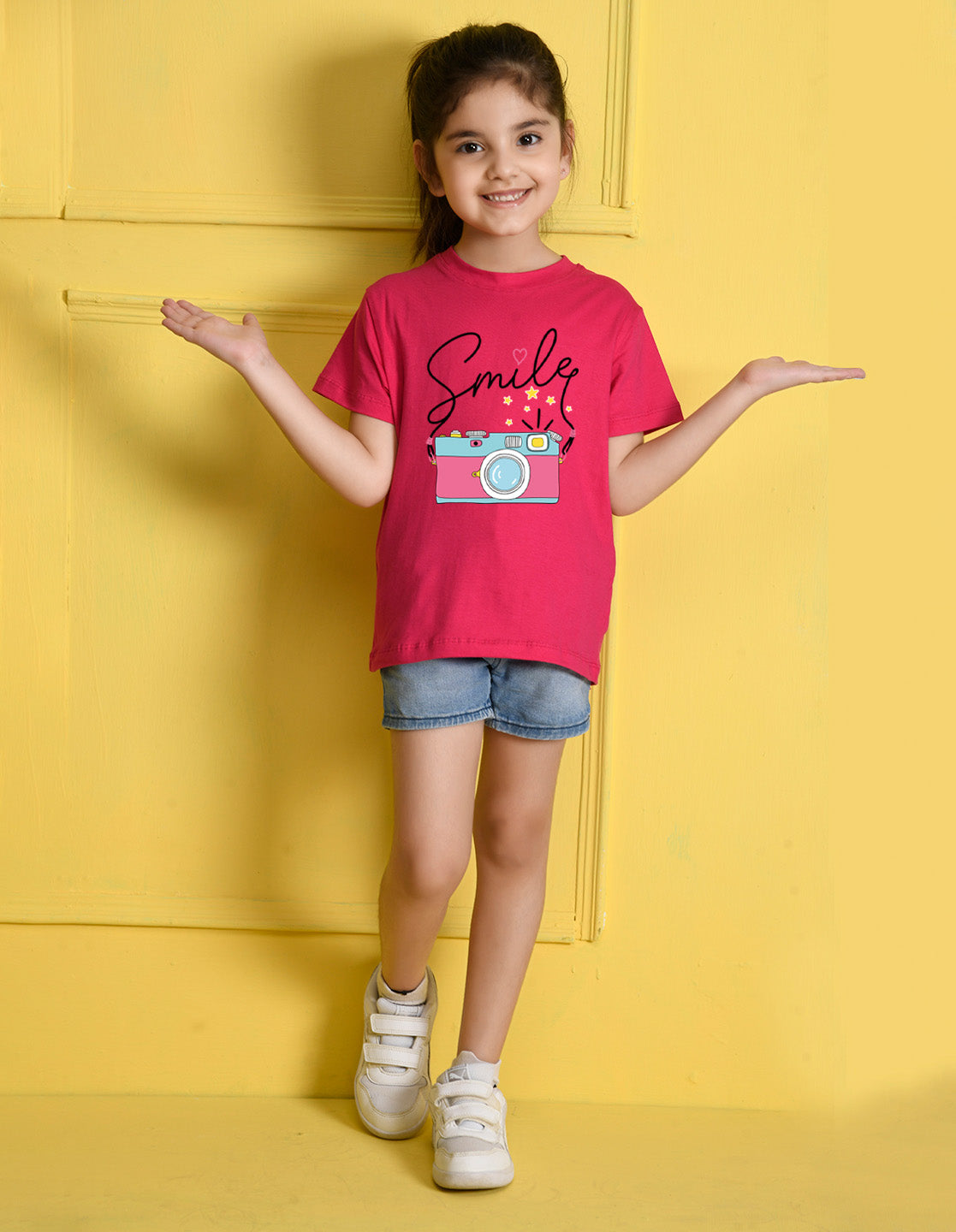 Nusyl Girl's Hot Pink Smile Text Printed Regular Fit T-Shirt