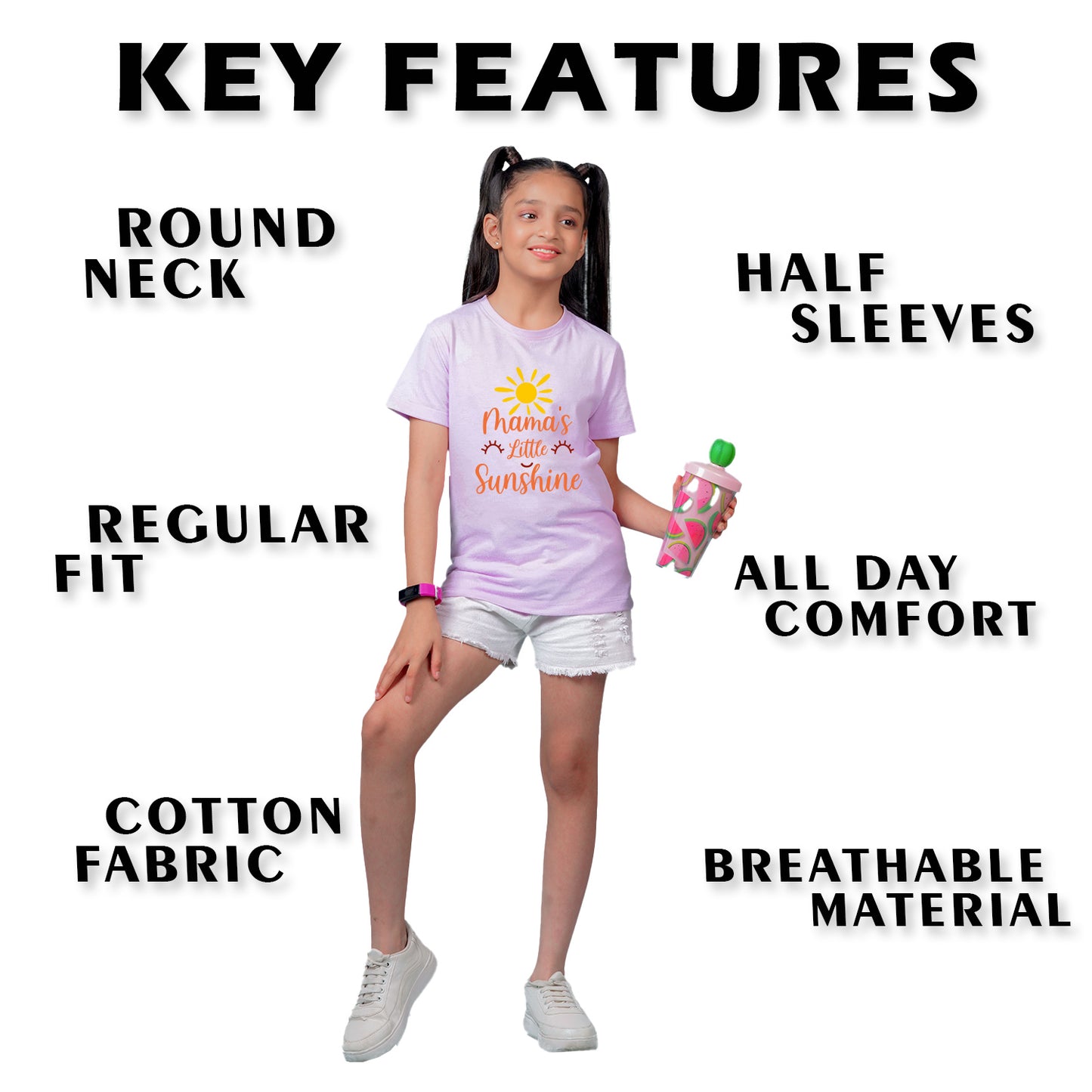 Nusyl Girl's Lilac Mama's Little Sunshine Text Printed Regular Fit T-Shirt