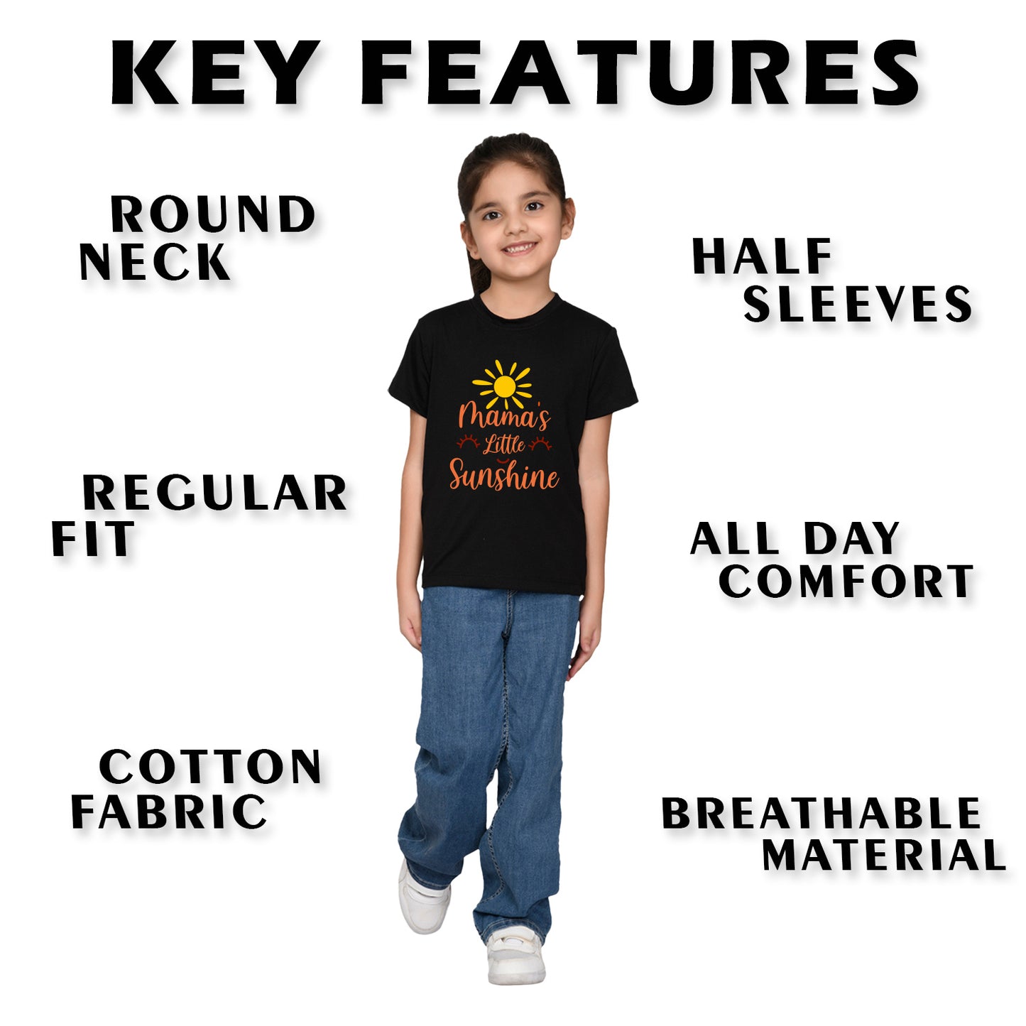 Nusyl Girl's Black Mama's Little Sunshine Text Printed Regular Fit T-Shirt