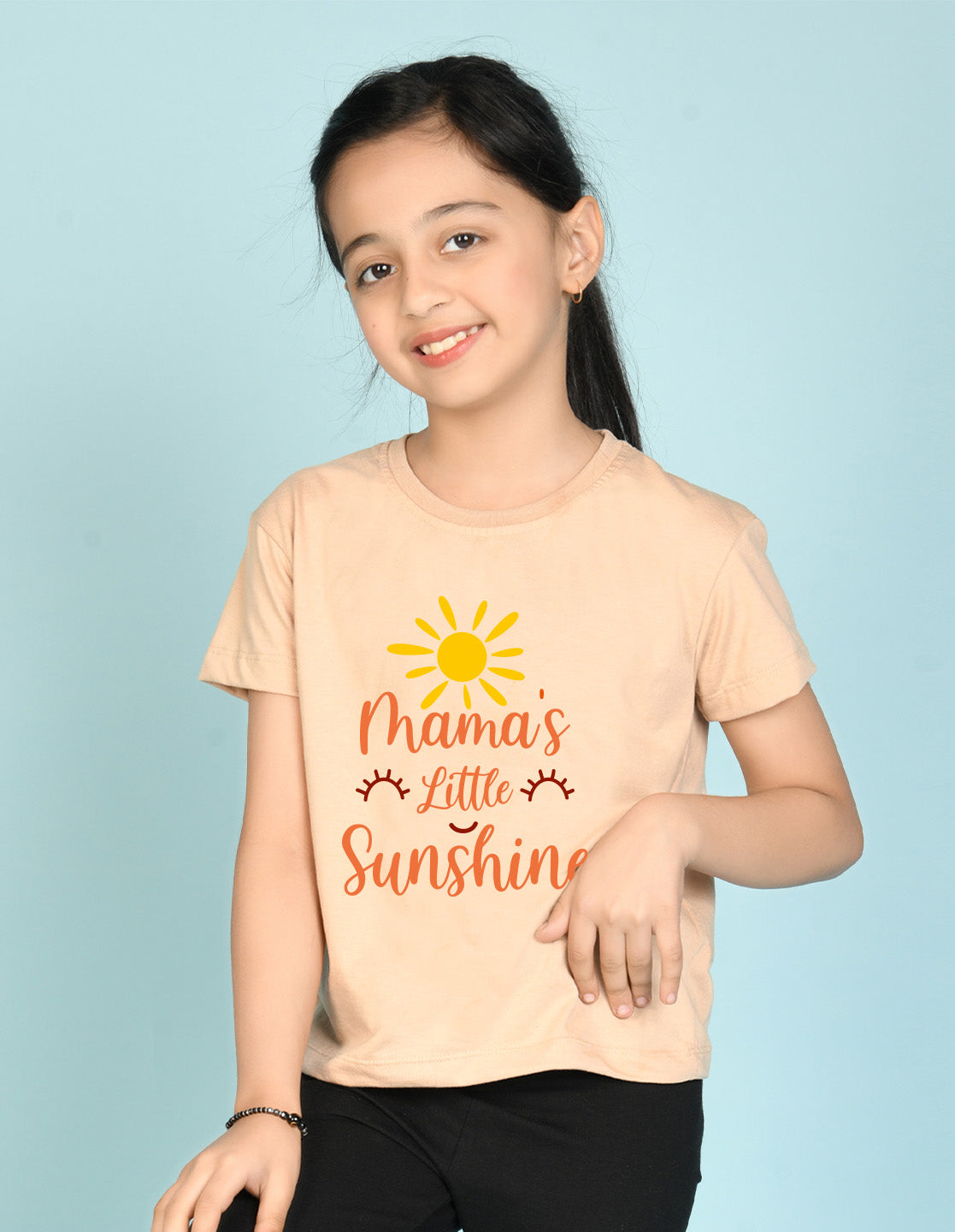 Nusyl Girl's Beige Mama's Little Sunshine Text Printed Regular Fit T-Shirt