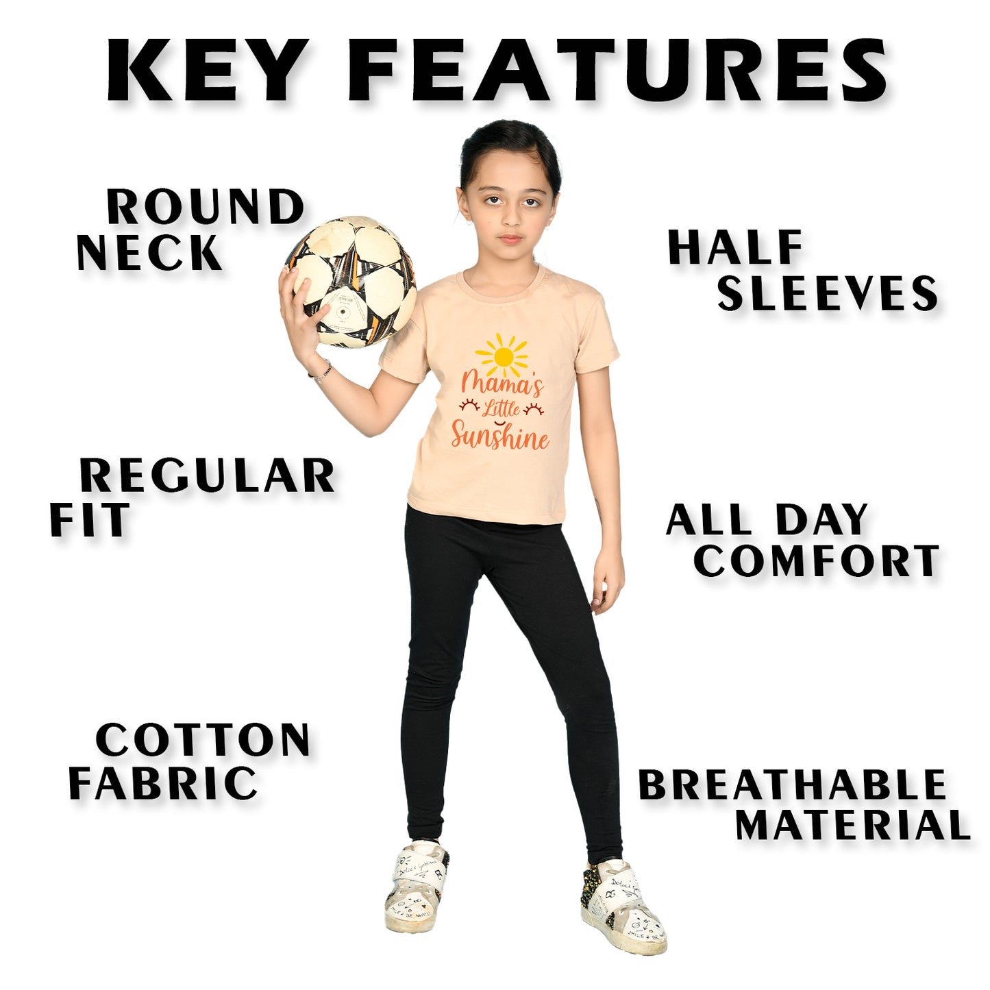 Nusyl Girl's Beige Mama's Little Sunshine Text Printed Regular Fit T-Shirt