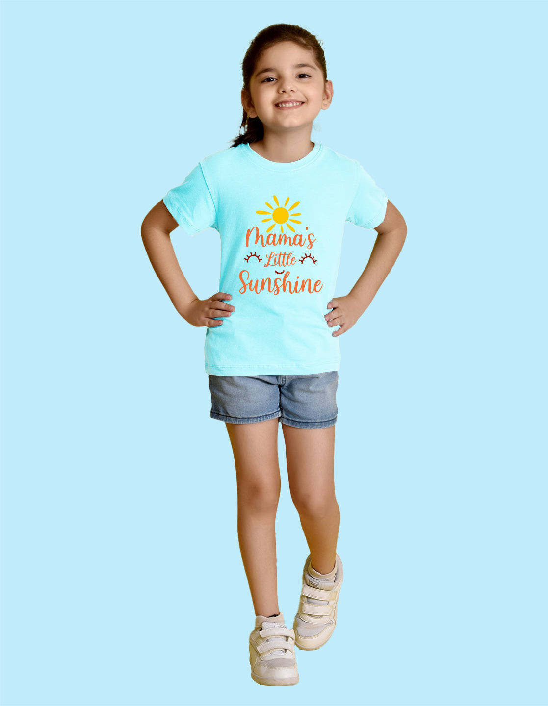 Nusyl Girl's Sky Blue Mama's Little Sunshine Text Printed Regular Fit T-Shirt
