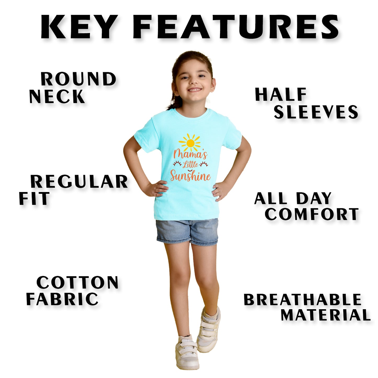 Nusyl Girl's Sky Blue Mama's Little Sunshine Text Printed Regular Fit T-Shirt