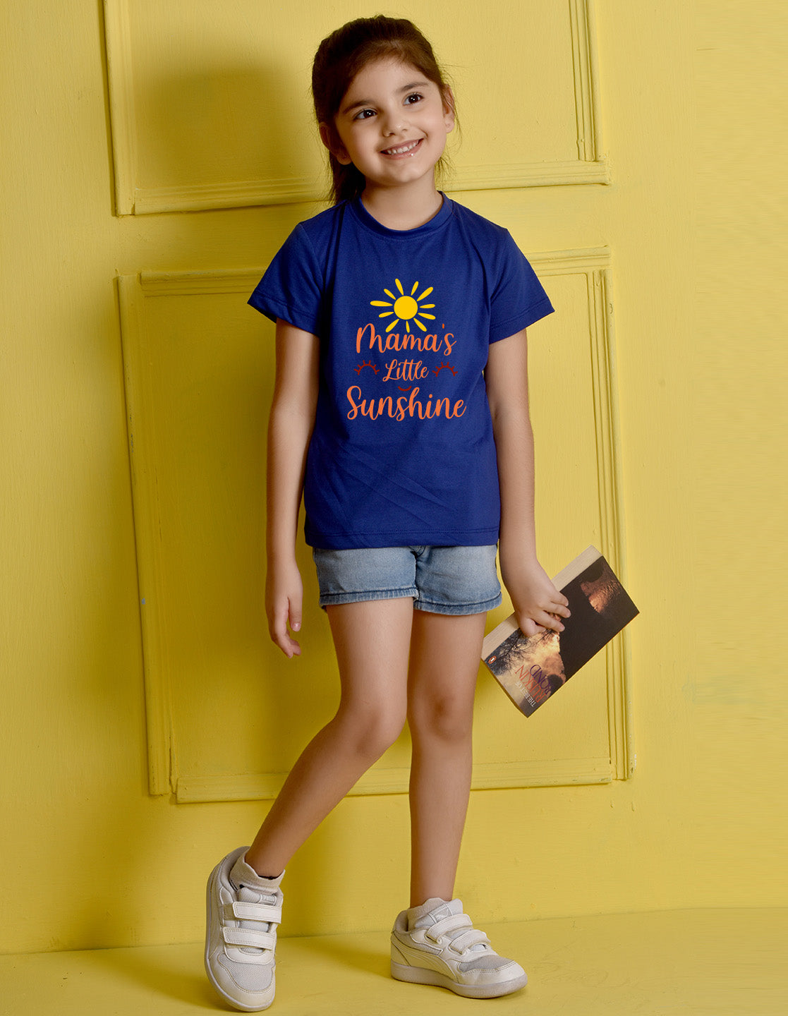 Nusyl Girl's Royal Blue Mama's Little Sunshine Text Printed Regular Fit T-Shirt