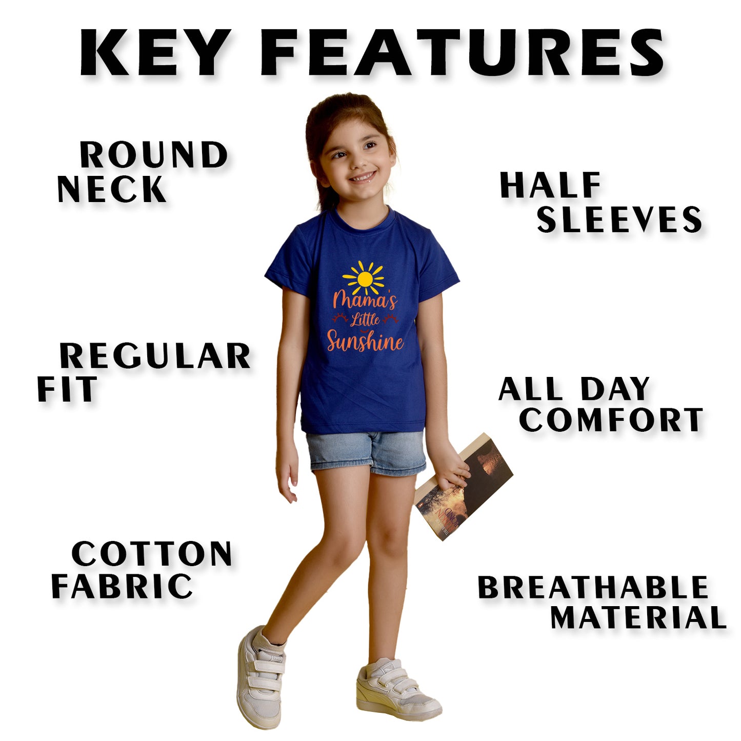 Nusyl Girl's Royal Blue Mama's Little Sunshine Text Printed Regular Fit T-Shirt